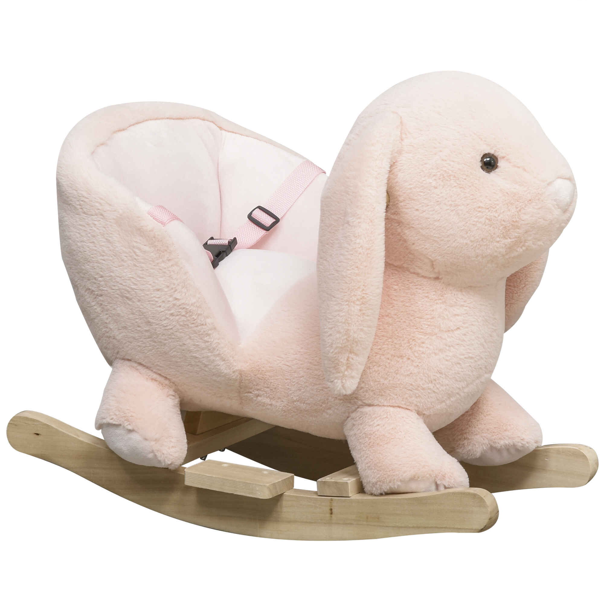 Caballito balancín infantil forma de conejo de felpa rosa 60x33x50 cm con sonido y seguridad