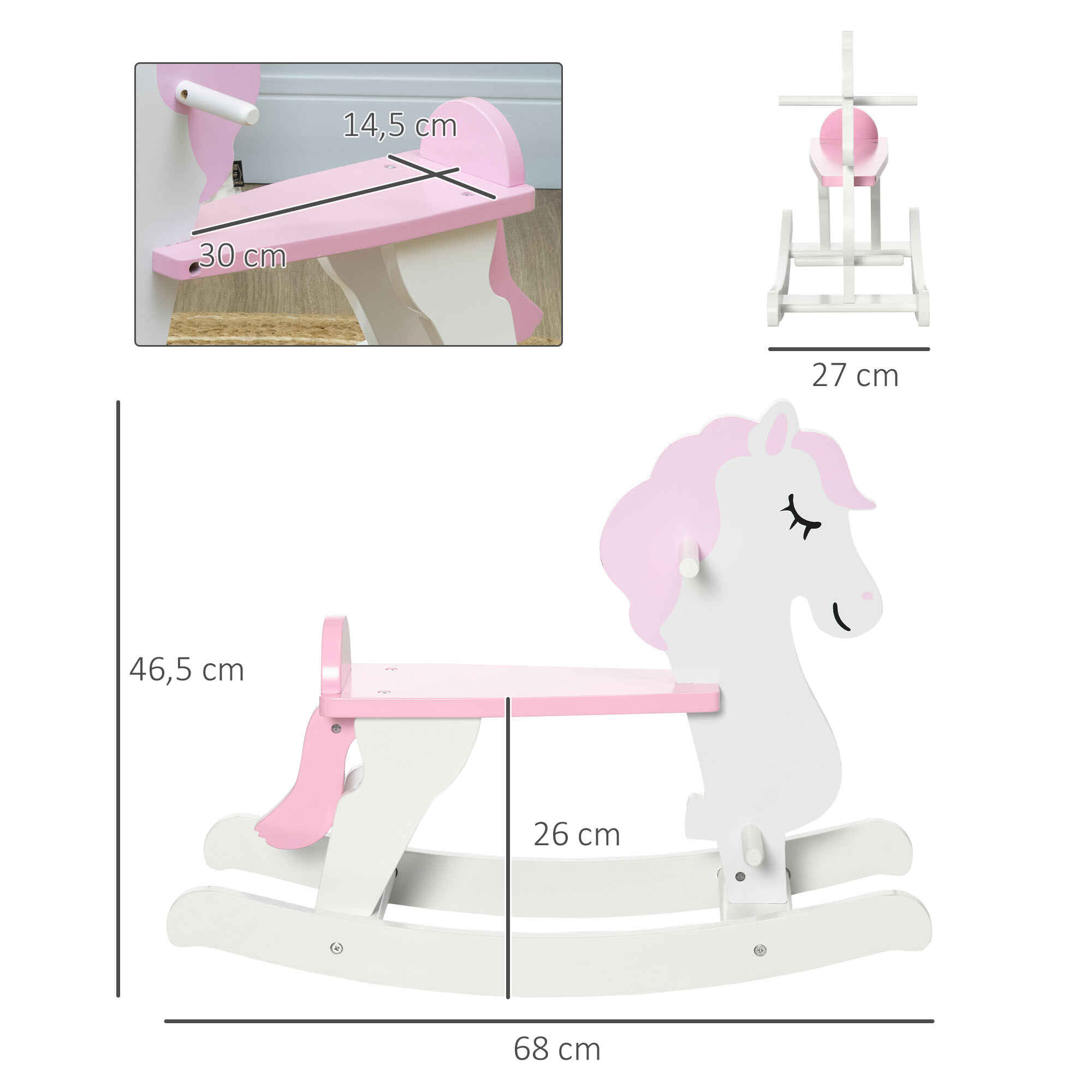 Caballito balancín de madera para niños 1-3 años con manillar y pedales blanco y rosa 68x27x46,5 cm carga 50 kg