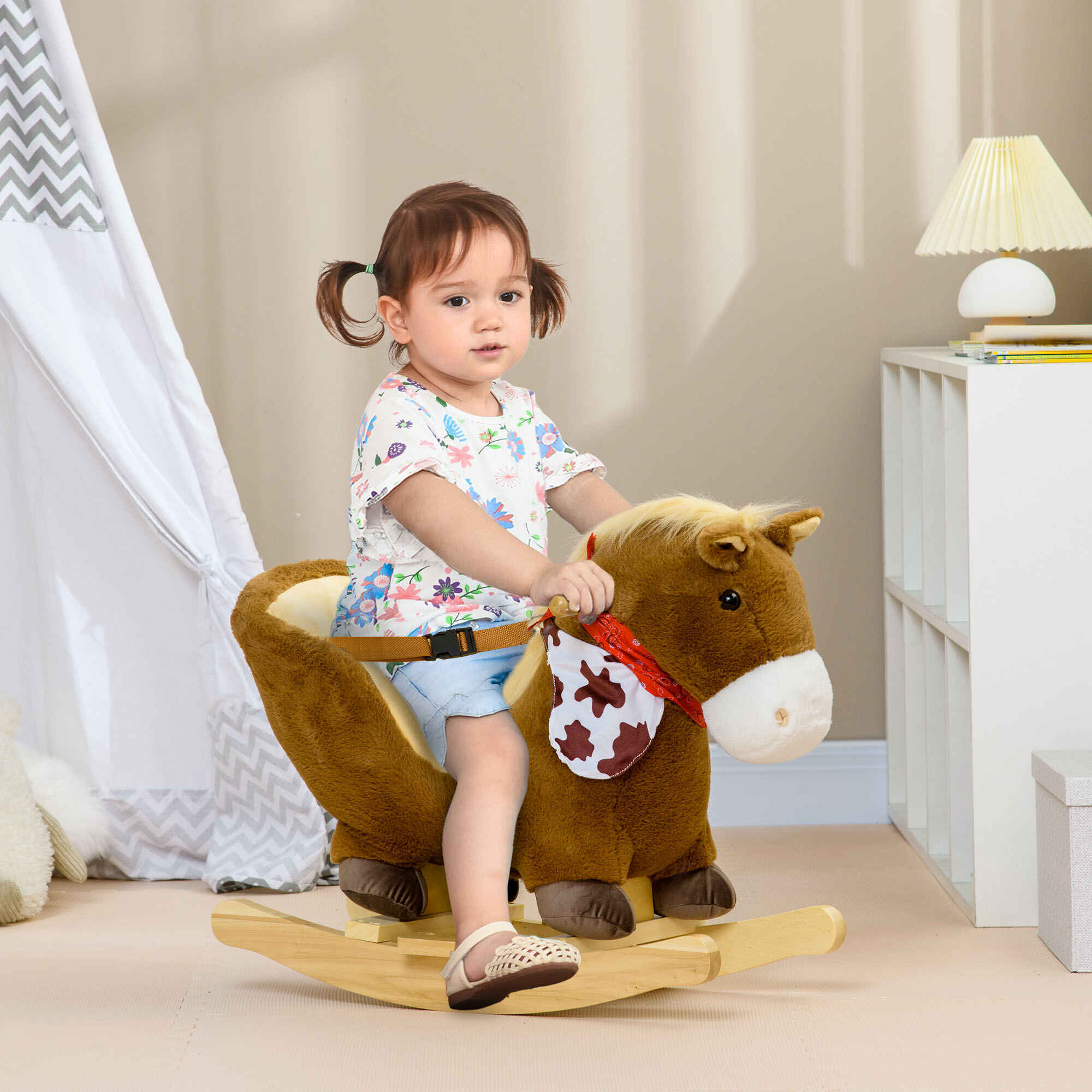 Caballito balancín para bebés 18-36 meses con sonidos, cinturón, manillar y reposapiés, café