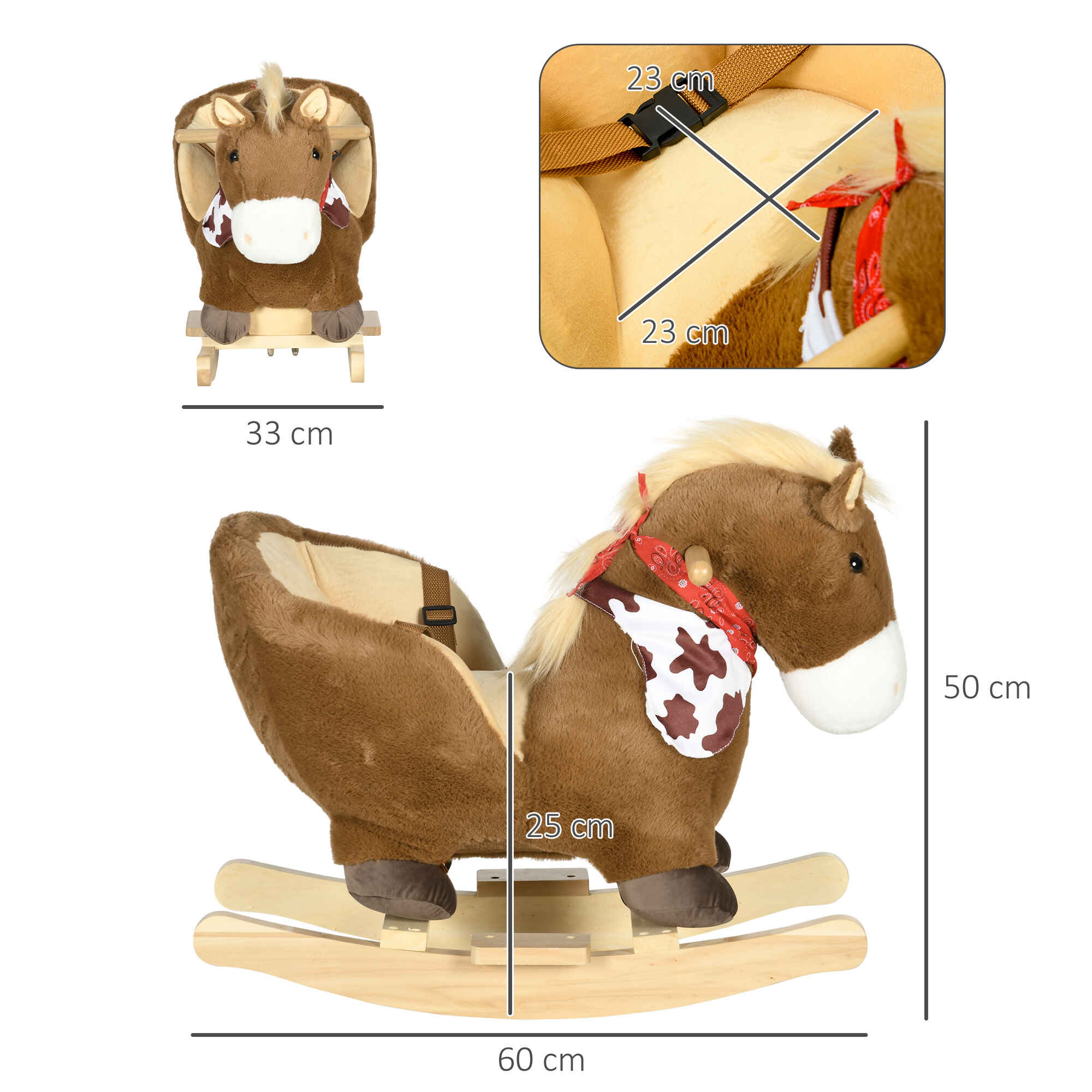 Caballito balancín para bebés 18-36 meses con sonidos, cinturón, manillar y reposapiés, café