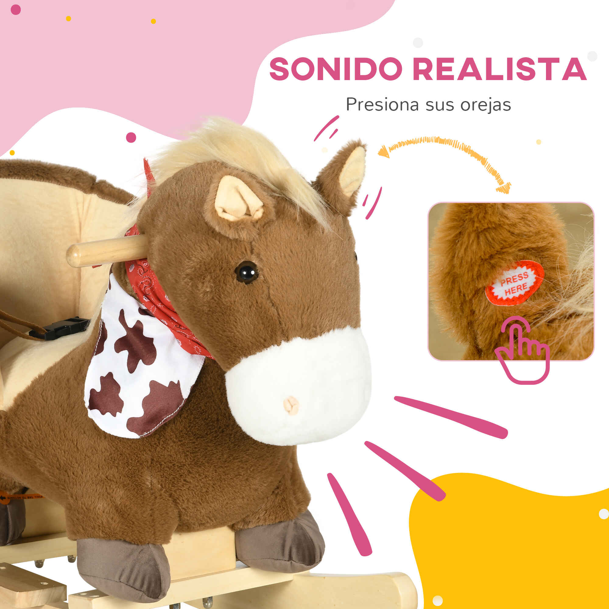 Caballito balancín para bebés 18-36 meses con sonidos, cinturón, manillar y reposapiés, café