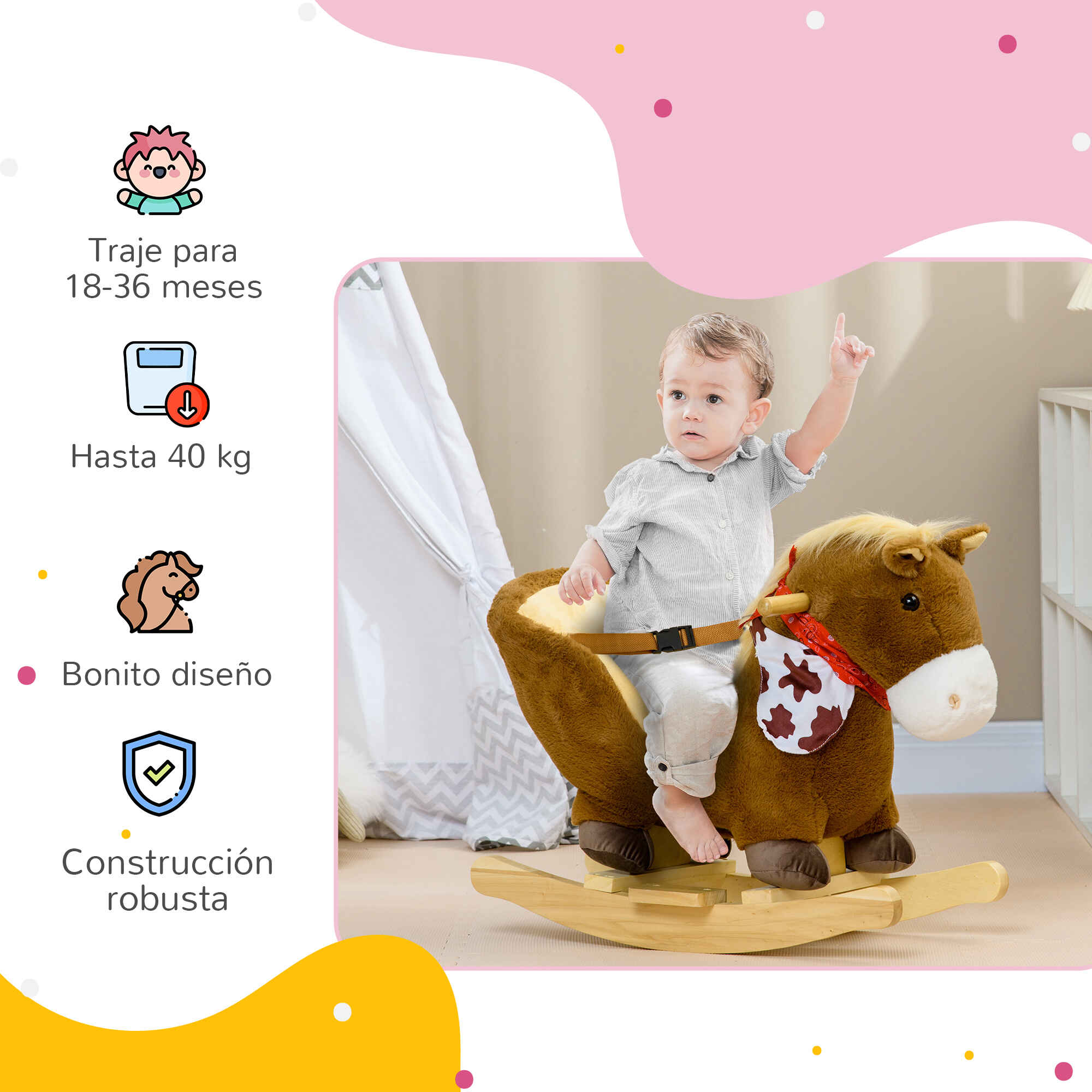 Caballito balancín para bebés 18-36 meses con sonidos, cinturón, manillar y reposapiés, café