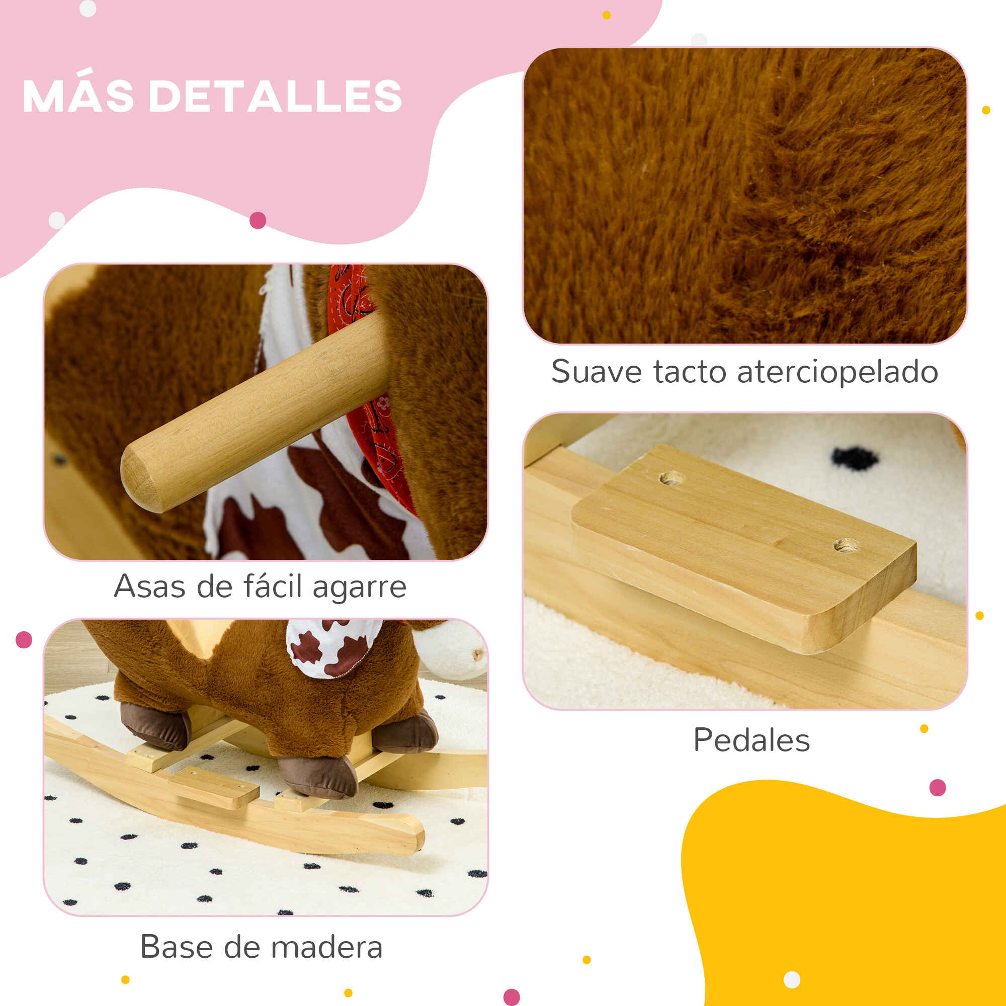 Caballito balancín para bebés 18-36 meses con sonidos, cinturón, manillar y reposapiés, café