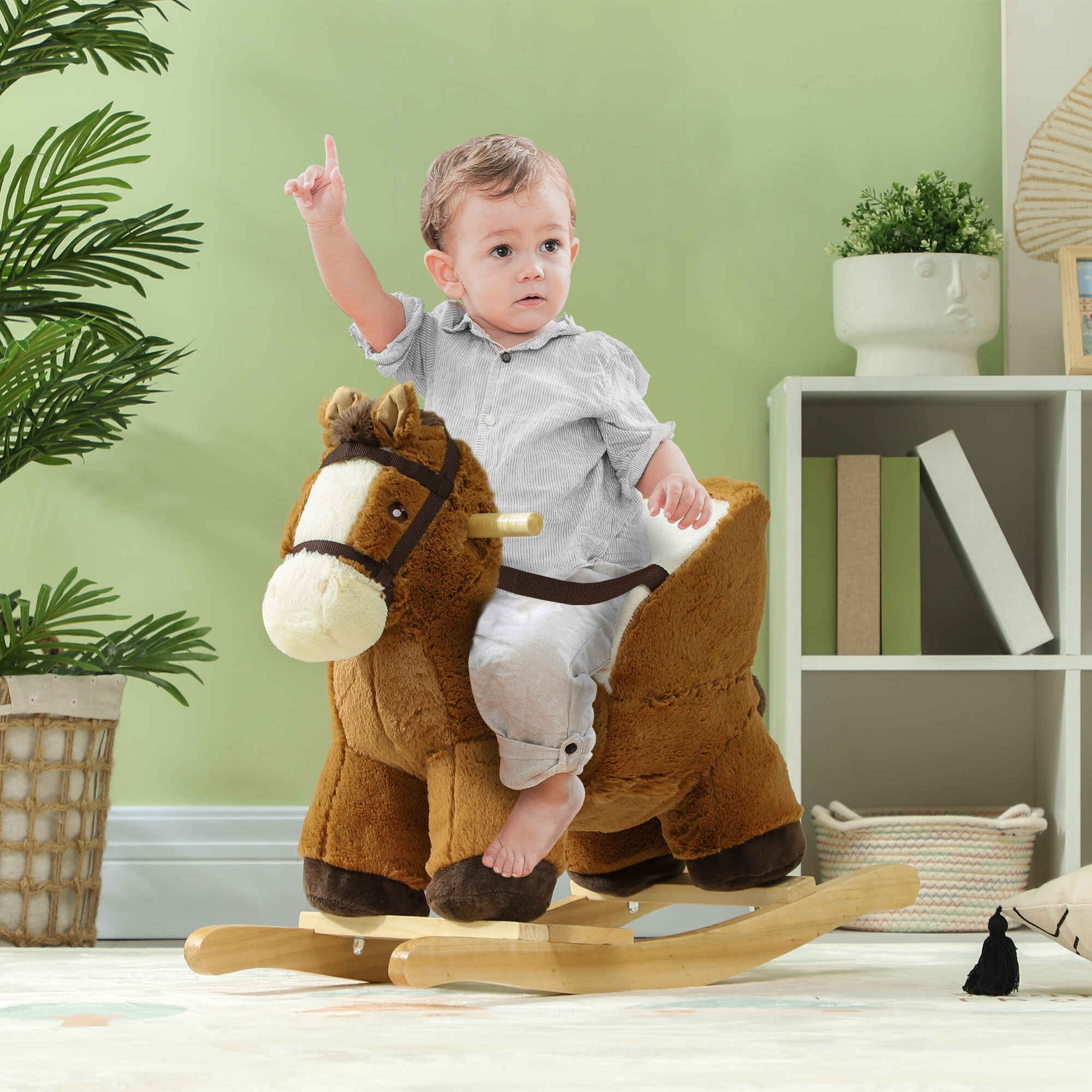 Caballo balancín para niños 18-36 meses con sonido, asas, cinturón y base de madera, marrón