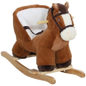 Caballo balancín para niños 18-36 meses con sonido, asas, cinturón y base de madera, marrón