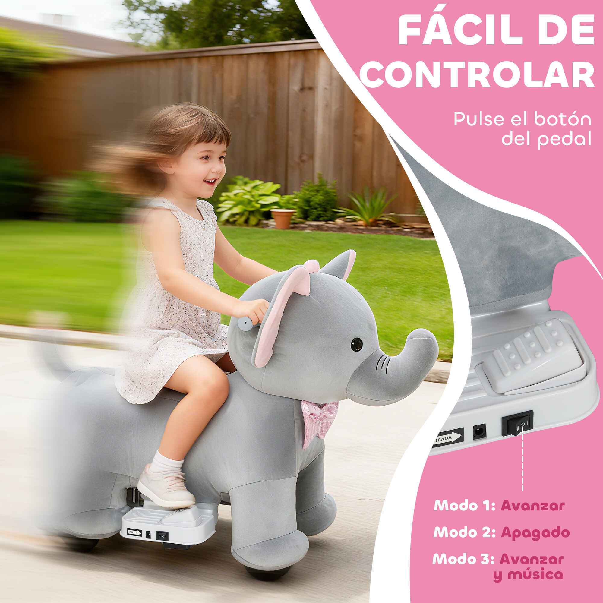Elefante eléctrico con música 6V, tacto suave, ruedas PU, pedal, marcha adelante, gris
