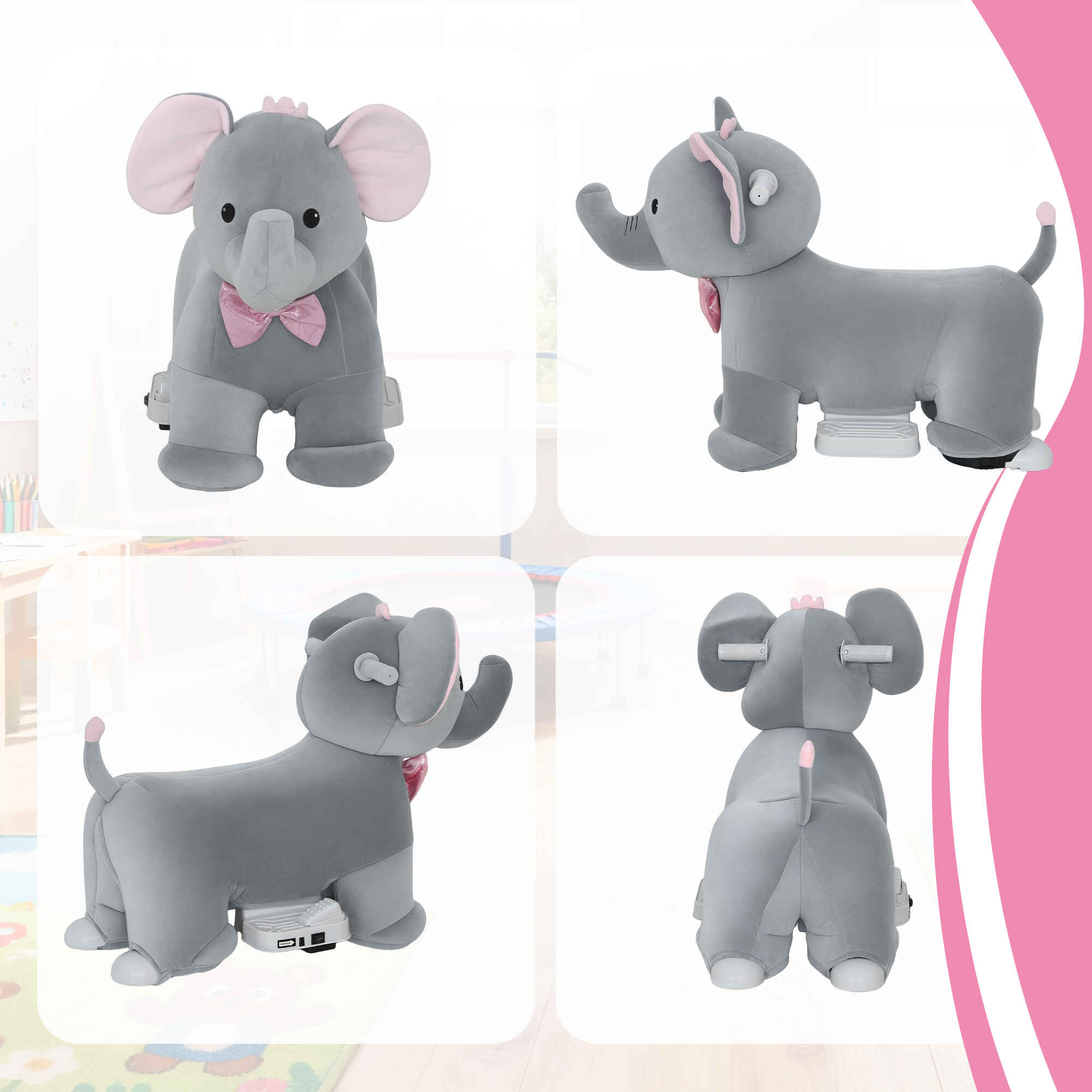 Elefante eléctrico con música 6V, tacto suave, ruedas PU, pedal, marcha adelante, gris