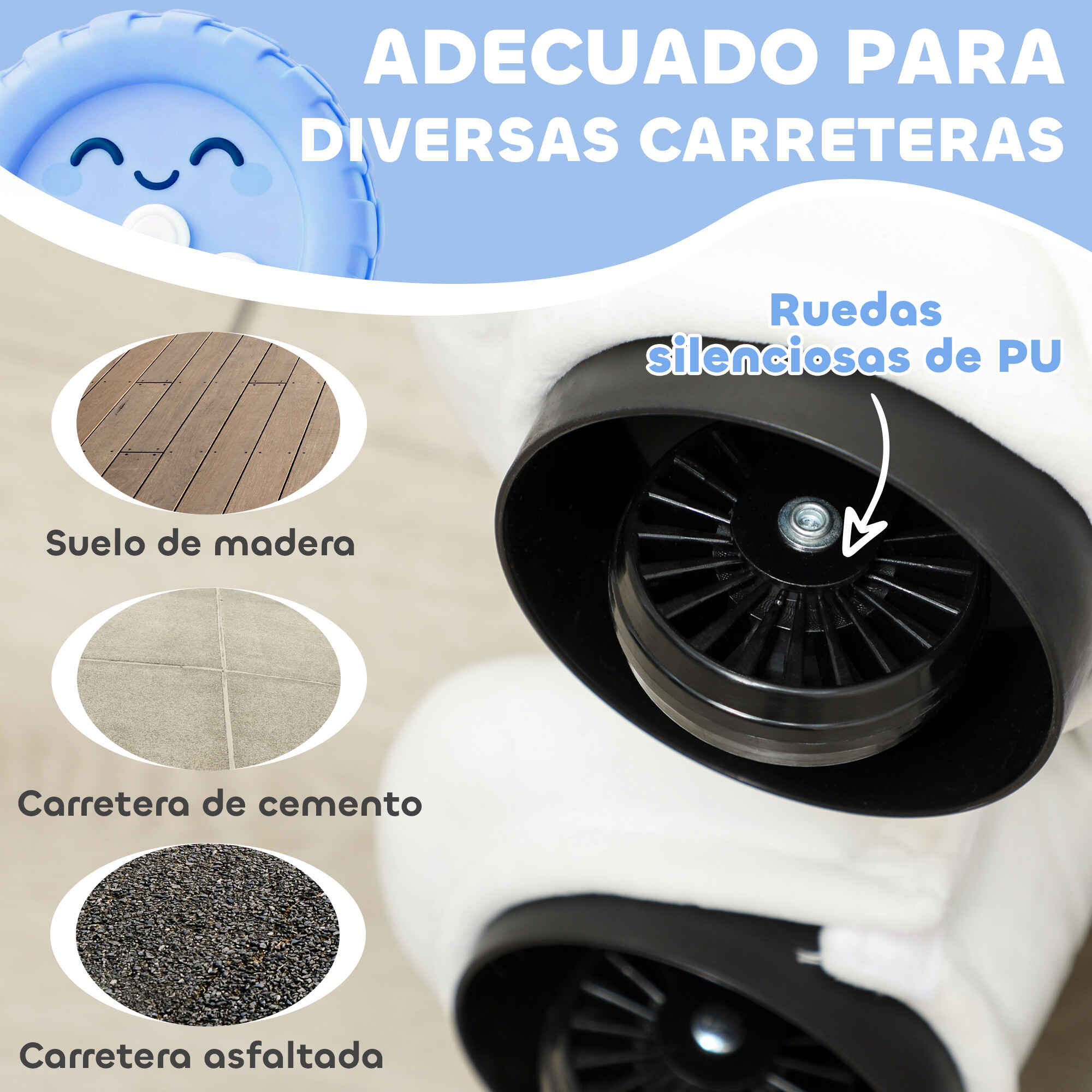 Caballito eléctrico con música, batería 6V, tacto suave, ruedas silenciosas PU, blanco