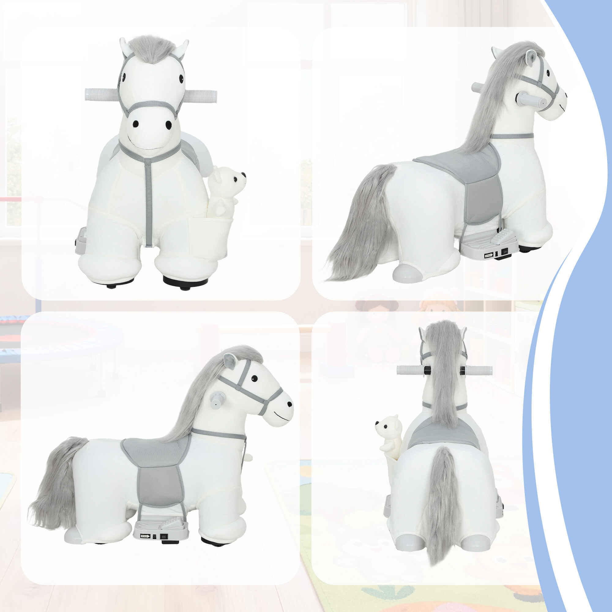 Caballito eléctrico con música, batería 6V, tacto suave, ruedas silenciosas PU, blanco