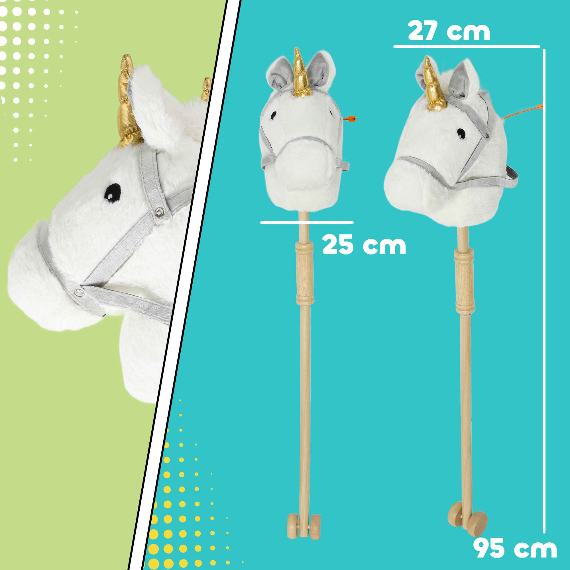 Cabeza de caballo con palo de madera diseño unicornio sonidos y ruedas 95 cm blanco