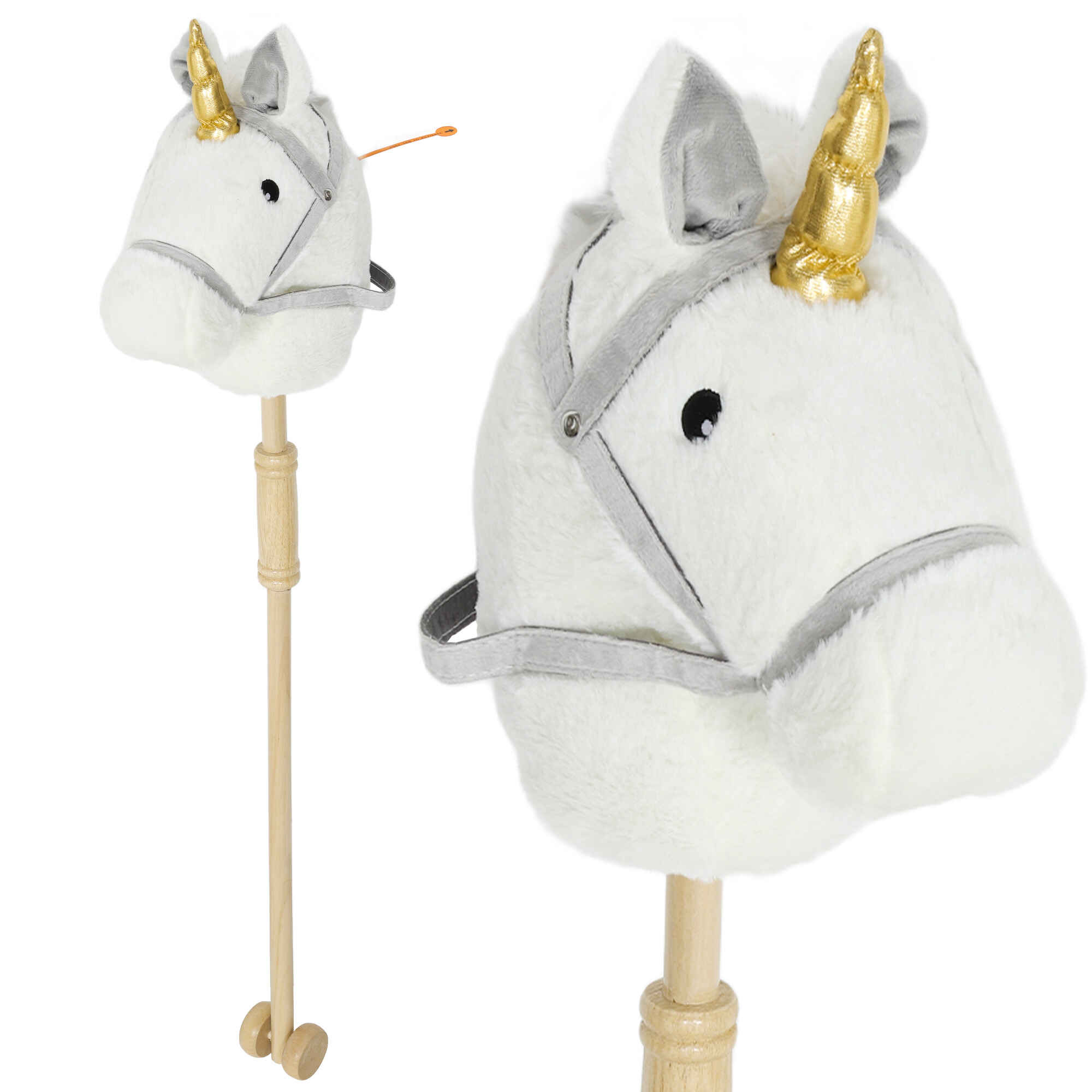 Cabeza de caballo con palo de madera diseño unicornio sonidos y ruedas 95 cm blanco