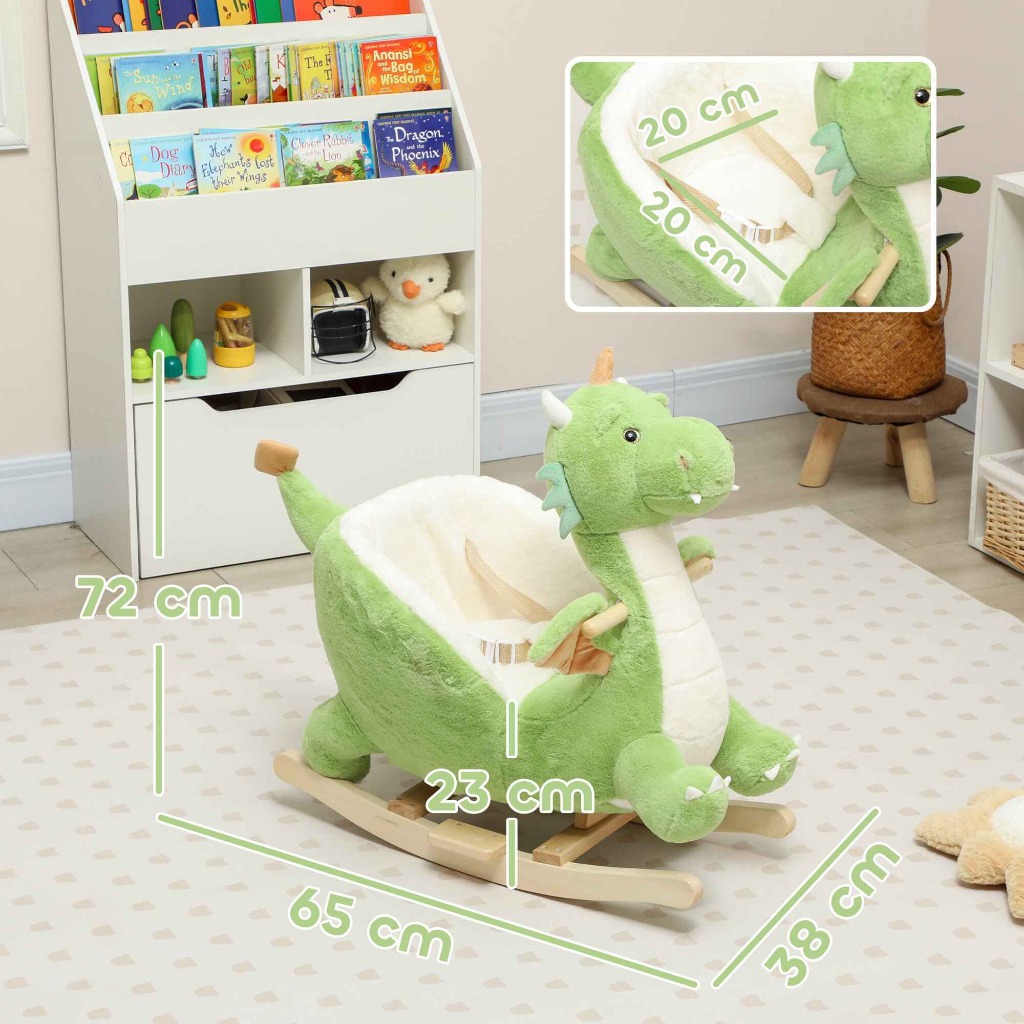 Caballito Balancín para Bebés con Sonido de Dragón, Caballo Balancín de Peluche con Base de Madera, Cinturón de Seguridad, para Niños de 18-36 Meses, Verde