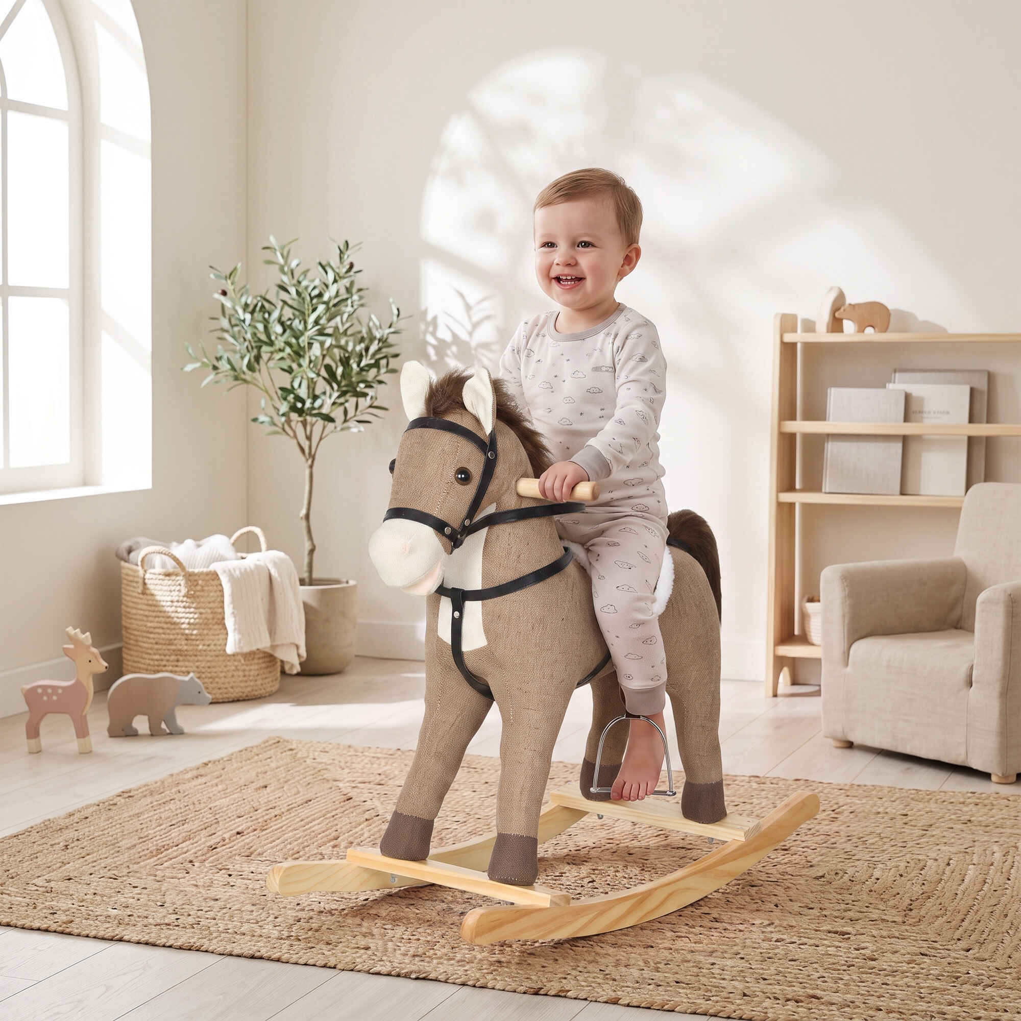 Caballito Balancín para Bebés, Caballo Balancín con Base de Madera Ancha, Sonidos y Asas de Seguridad, Regalo para Niños y Niñas de 12 a 36 Meses, Marrón Oscuro