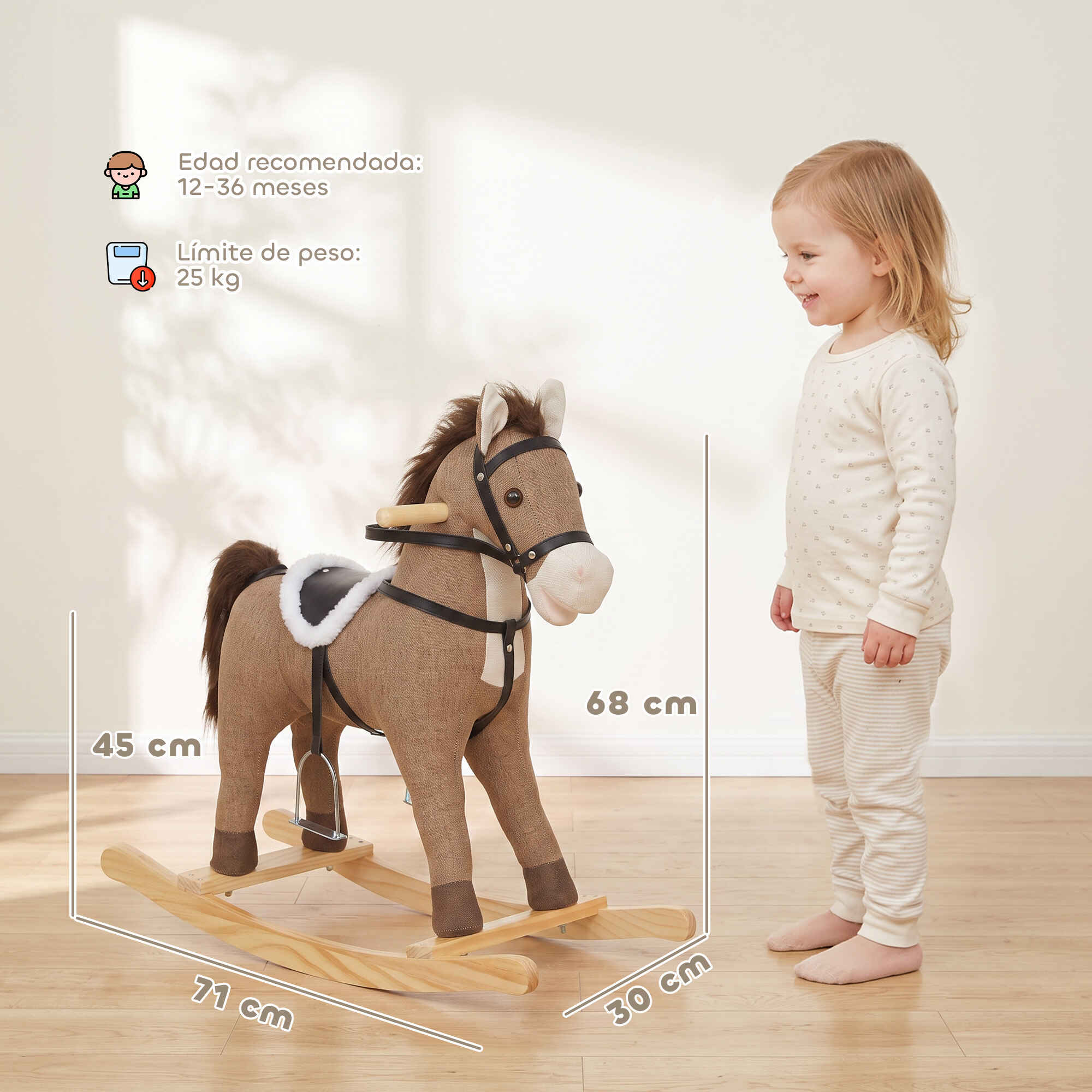 Caballito Balancín para Bebés, Caballo Balancín con Base de Madera Ancha, Sonidos y Asas de Seguridad, Regalo para Niños y Niñas de 12 a 36 Meses, Marrón Oscuro