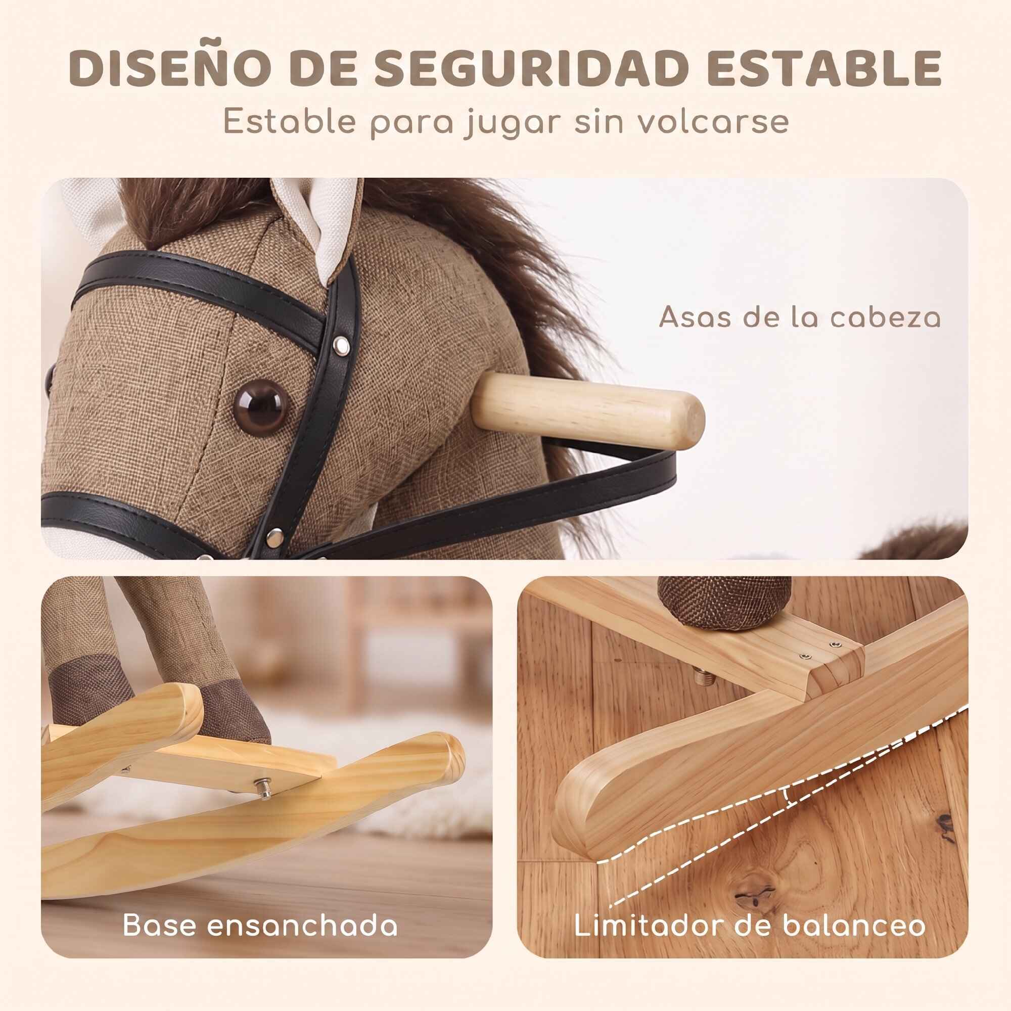 Caballito Balancín para Bebés, Caballo Balancín con Base de Madera Ancha, Sonidos y Asas de Seguridad, Regalo para Niños y Niñas de 12 a 36 Meses, Marrón Oscuro