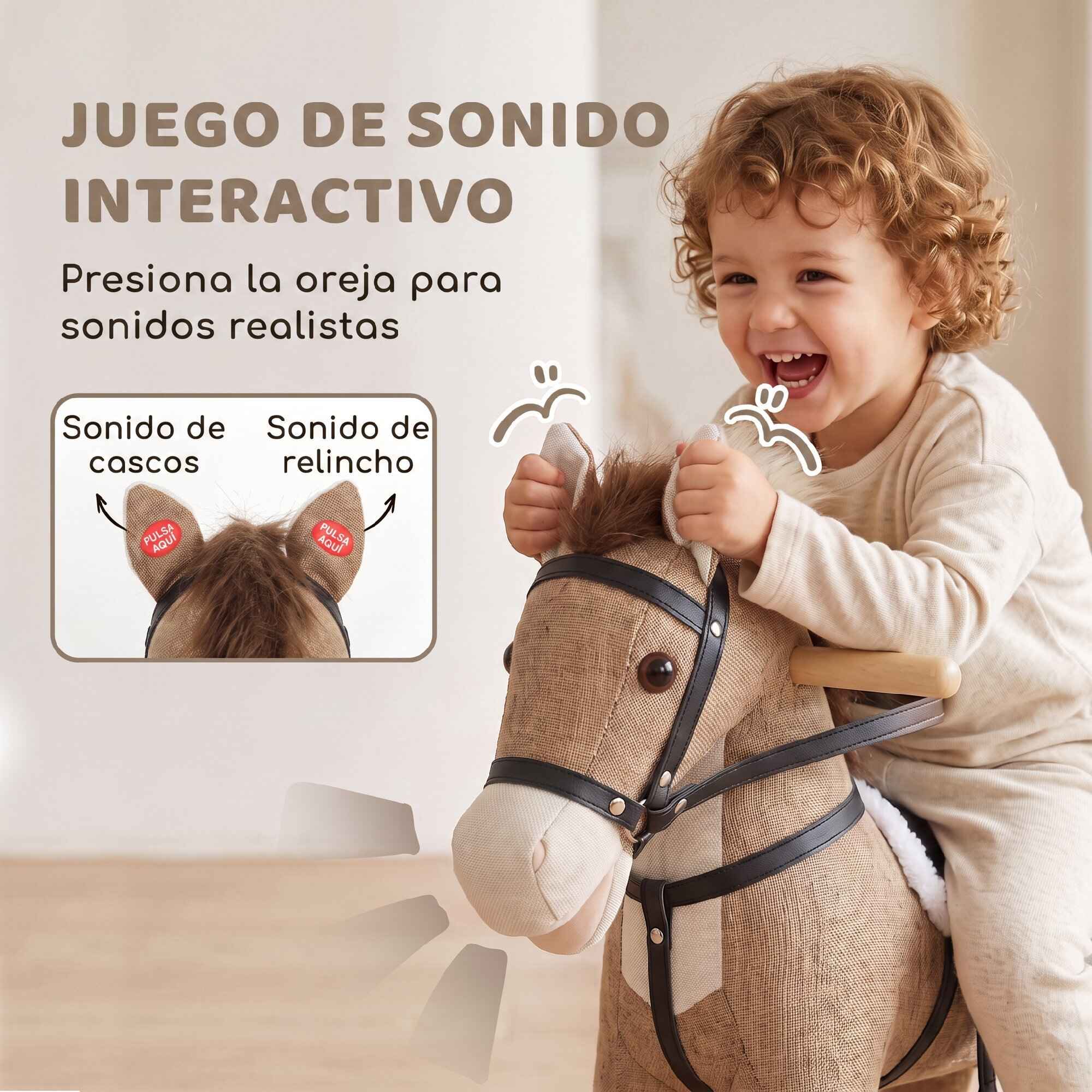 Caballito Balancín para Bebés, Caballo Balancín con Base de Madera Ancha, Sonidos y Asas de Seguridad, Regalo para Niños y Niñas de 12 a 36 Meses, Marrón Oscuro