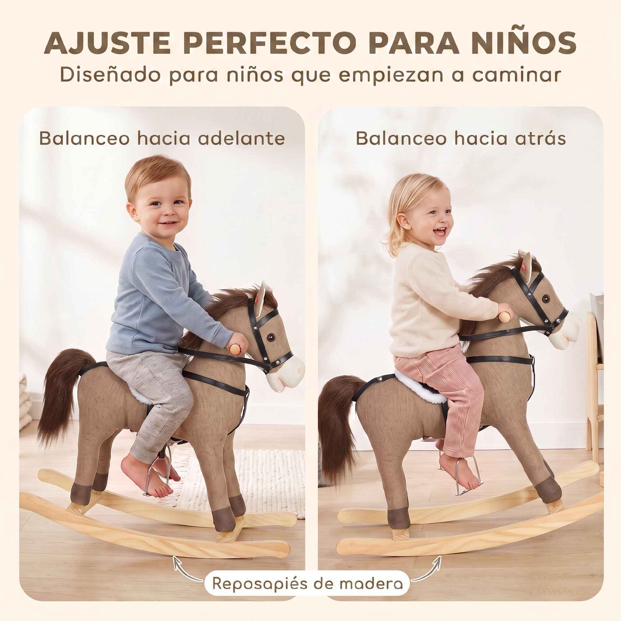 Caballito Balancín para Bebés, Caballo Balancín con Base de Madera Ancha, Sonidos y Asas de Seguridad, Regalo para Niños y Niñas de 12 a 36 Meses, Marrón Oscuro