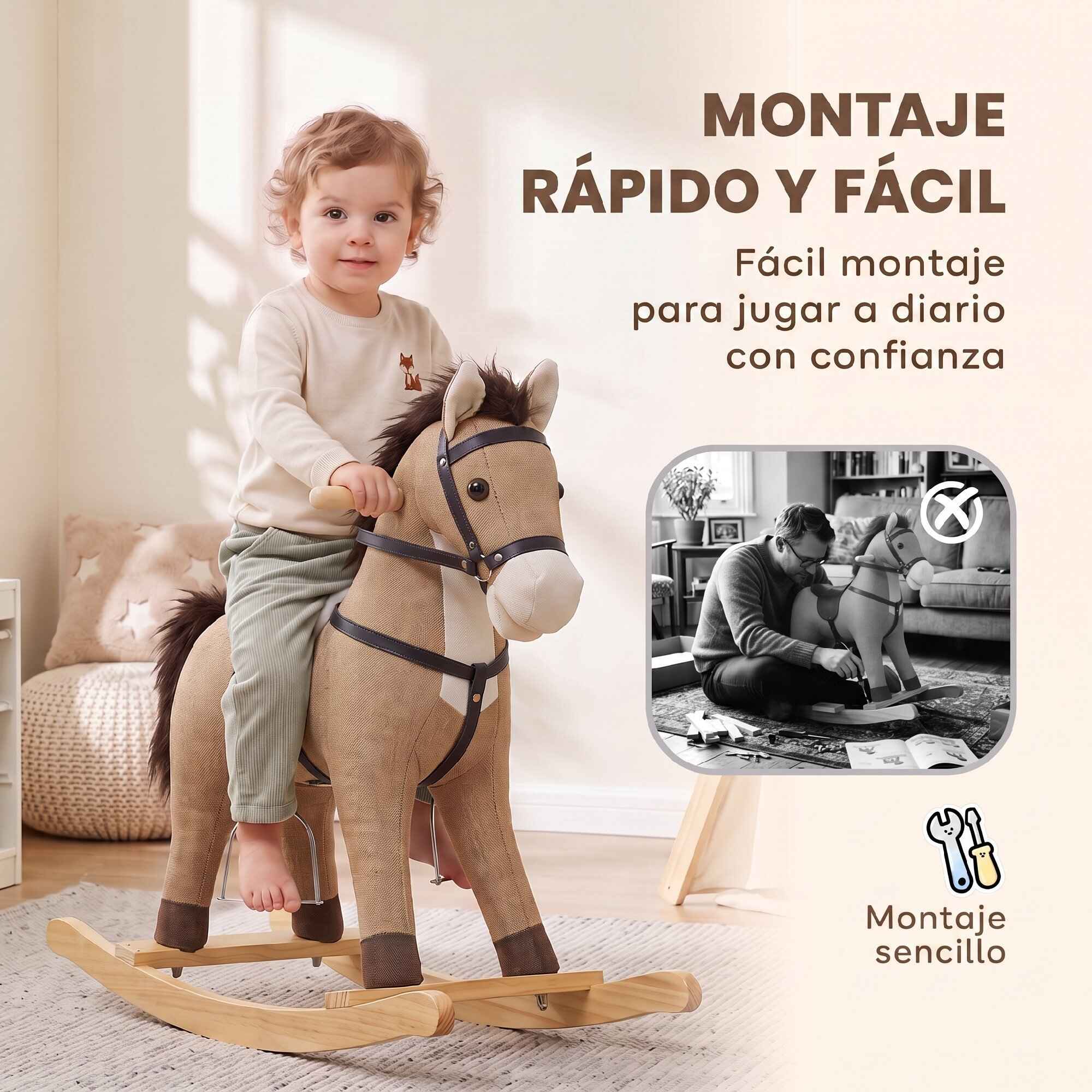 Caballito Balancín para Bebés, Caballo Balancín con Base de Madera Ancha, Sonidos y Asas de Seguridad, Regalo para Niños y Niñas de 12 a 36 Meses, Marrón Oscuro