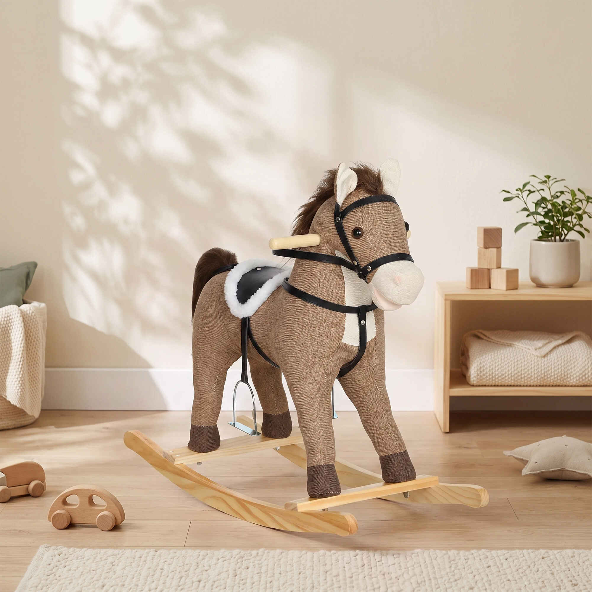Caballito Balancín para Bebés, Caballo Balancín con Base de Madera Ancha, Sonidos y Asas de Seguridad, Regalo para Niños y Niñas de 12 a 36 Meses, Marrón Oscuro
