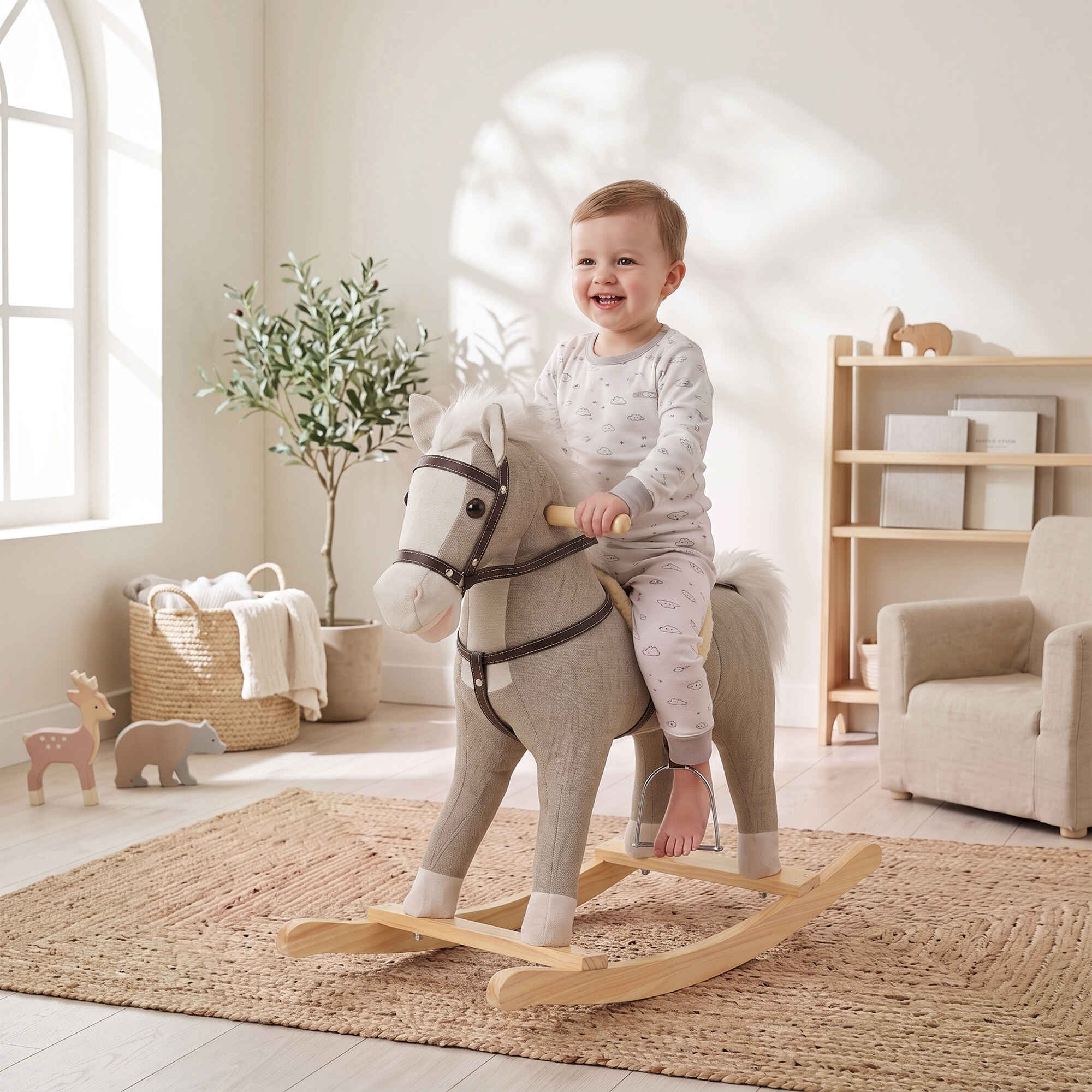 Caballito Balancín para Bebés, Caballo Balancín con Base de Madera Ancha, Sonidos y Asas de Seguridad, Regalo para Niños y Niñas de 12 a 36 Meses, Gris
