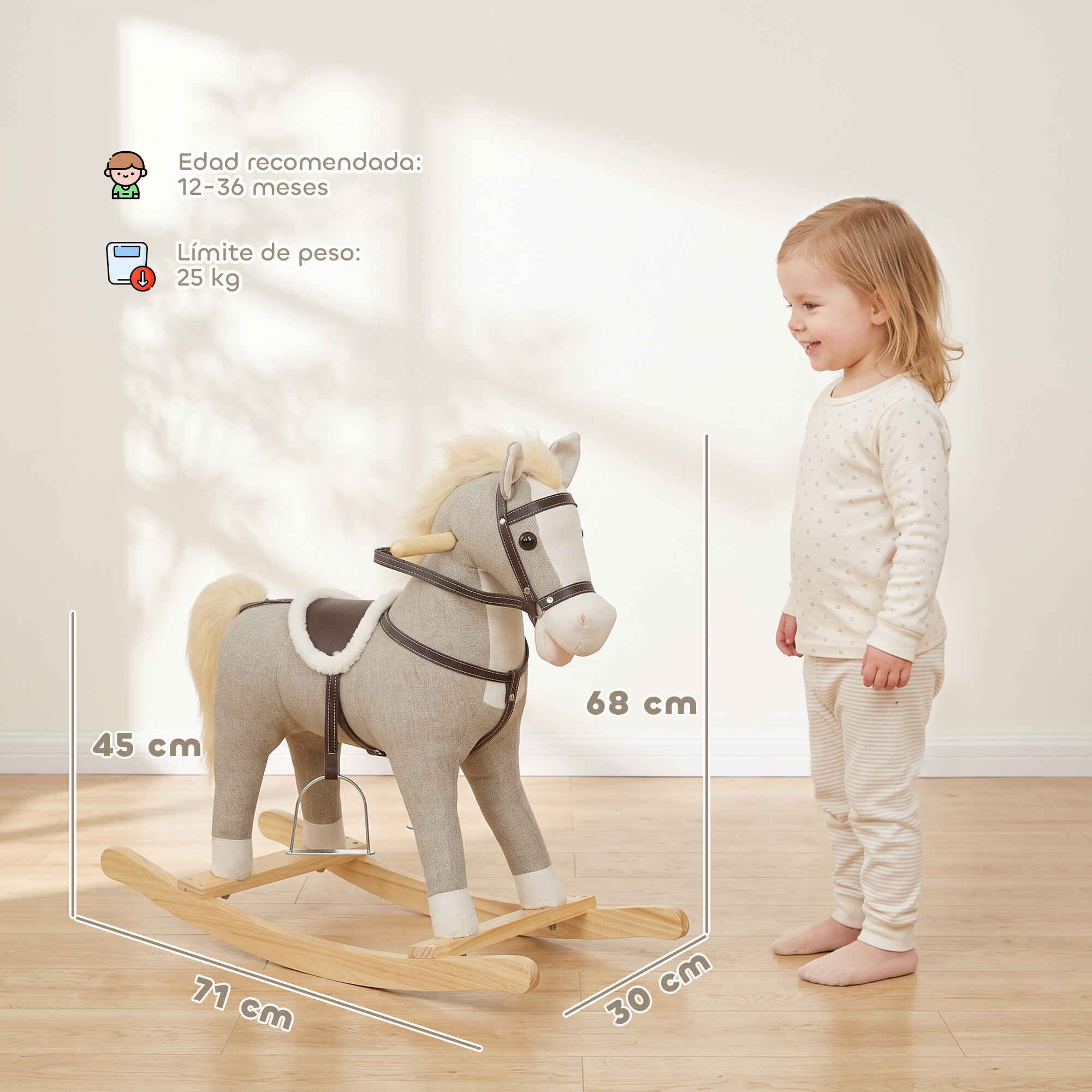 Caballito Balancín para Bebés, Caballo Balancín con Base de Madera Ancha, Sonidos y Asas de Seguridad, Regalo para Niños y Niñas de 12 a 36 Meses, Gris