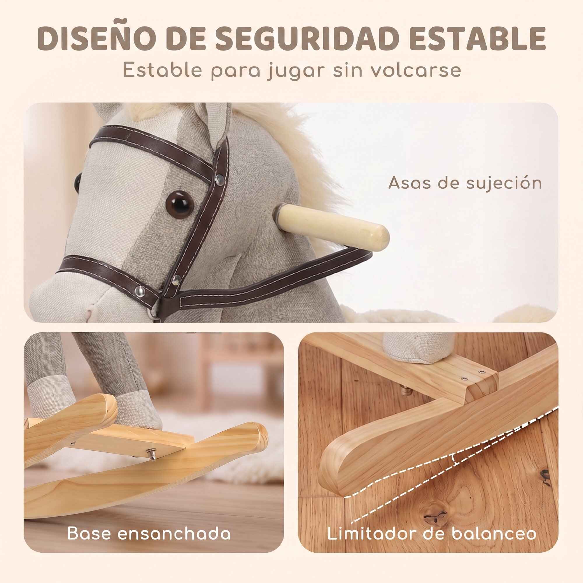 Caballito Balancín para Bebés, Caballo Balancín con Base de Madera Ancha, Sonidos y Asas de Seguridad, Regalo para Niños y Niñas de 12 a 36 Meses, Gris
