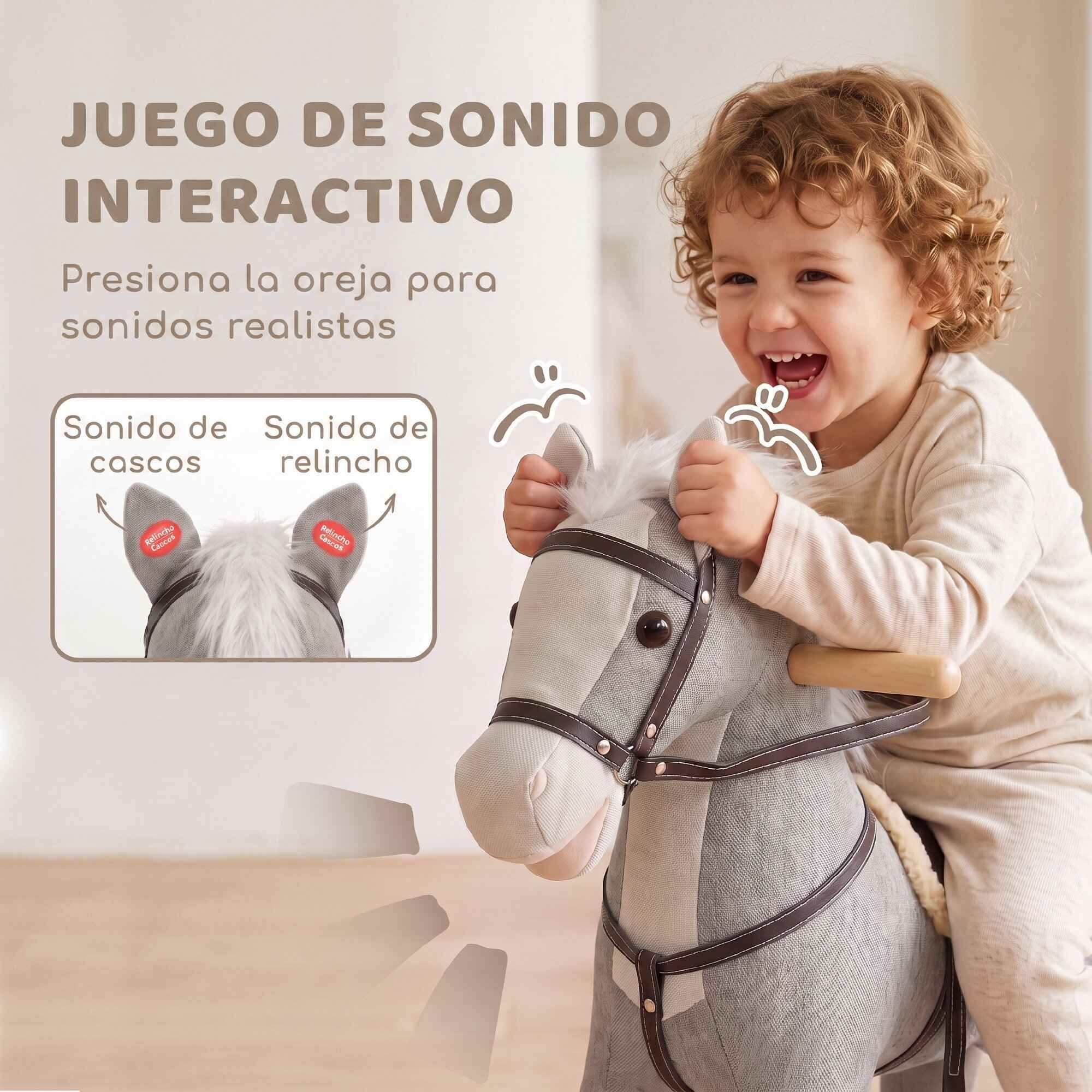 Caballito Balancín para Bebés, Caballo Balancín con Base de Madera Ancha, Sonidos y Asas de Seguridad, Regalo para Niños y Niñas de 12 a 36 Meses, Gris