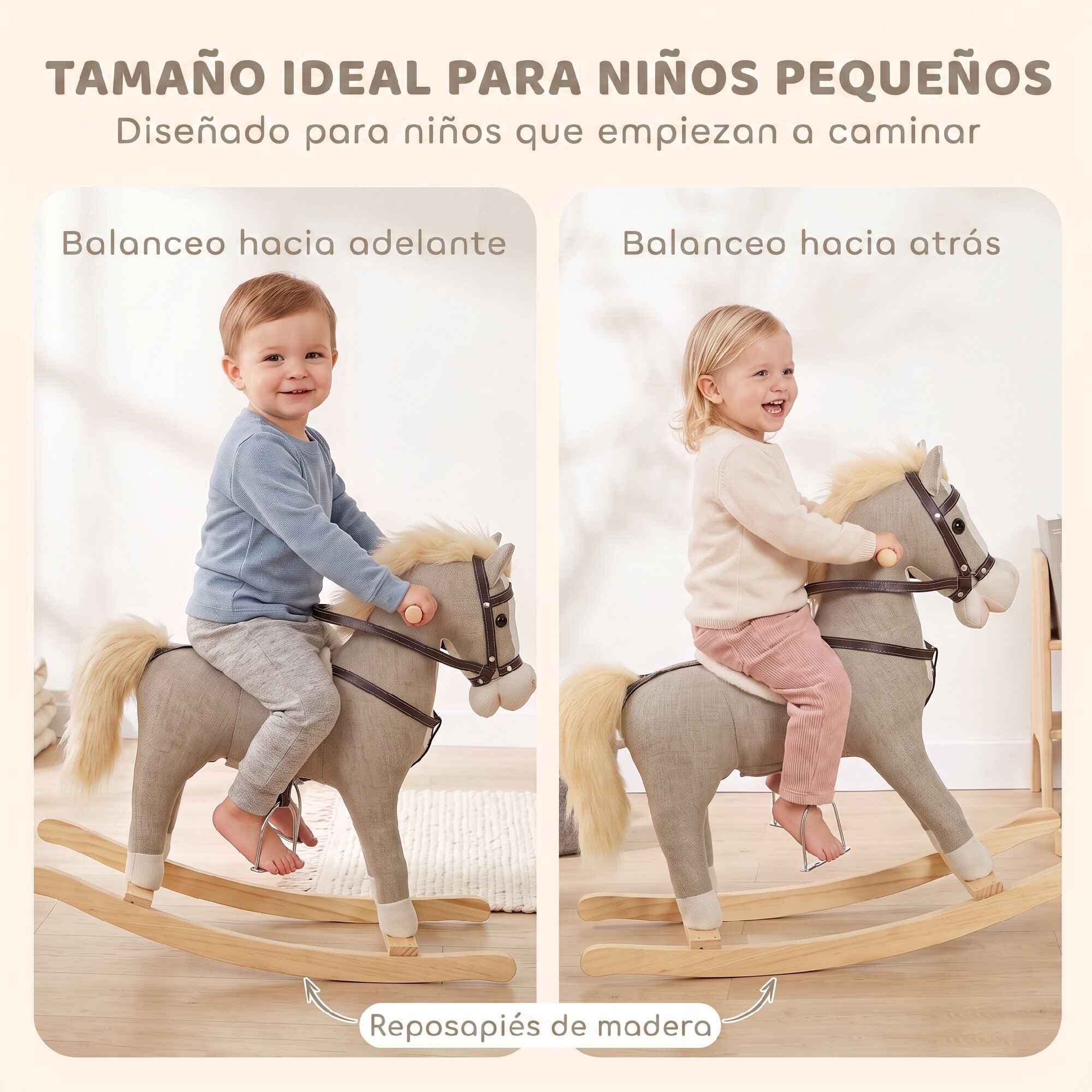 Caballito Balancín para Bebés, Caballo Balancín con Base de Madera Ancha, Sonidos y Asas de Seguridad, Regalo para Niños y Niñas de 12 a 36 Meses, Gris