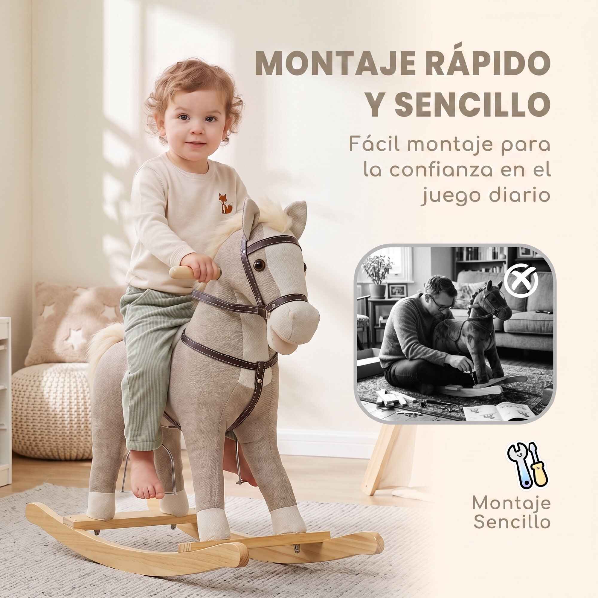 Caballito Balancín para Bebés, Caballo Balancín con Base de Madera Ancha, Sonidos y Asas de Seguridad, Regalo para Niños y Niñas de 12 a 36 Meses, Gris