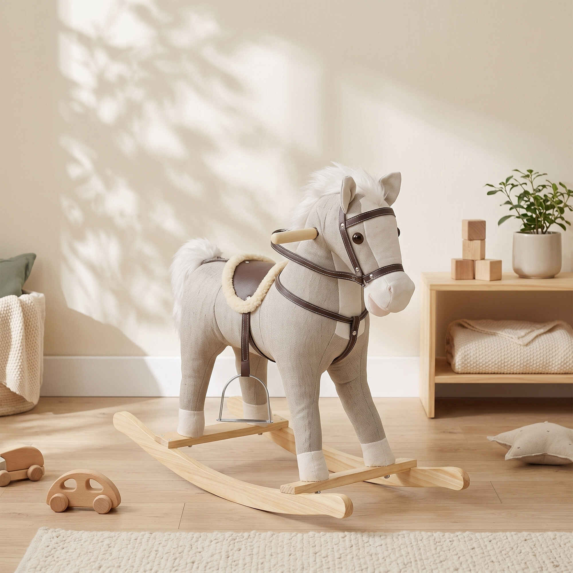 Caballito Balancín para Bebés, Caballo Balancín con Base de Madera Ancha, Sonidos y Asas de Seguridad, Regalo para Niños y Niñas de 12 a 36 Meses, Gris