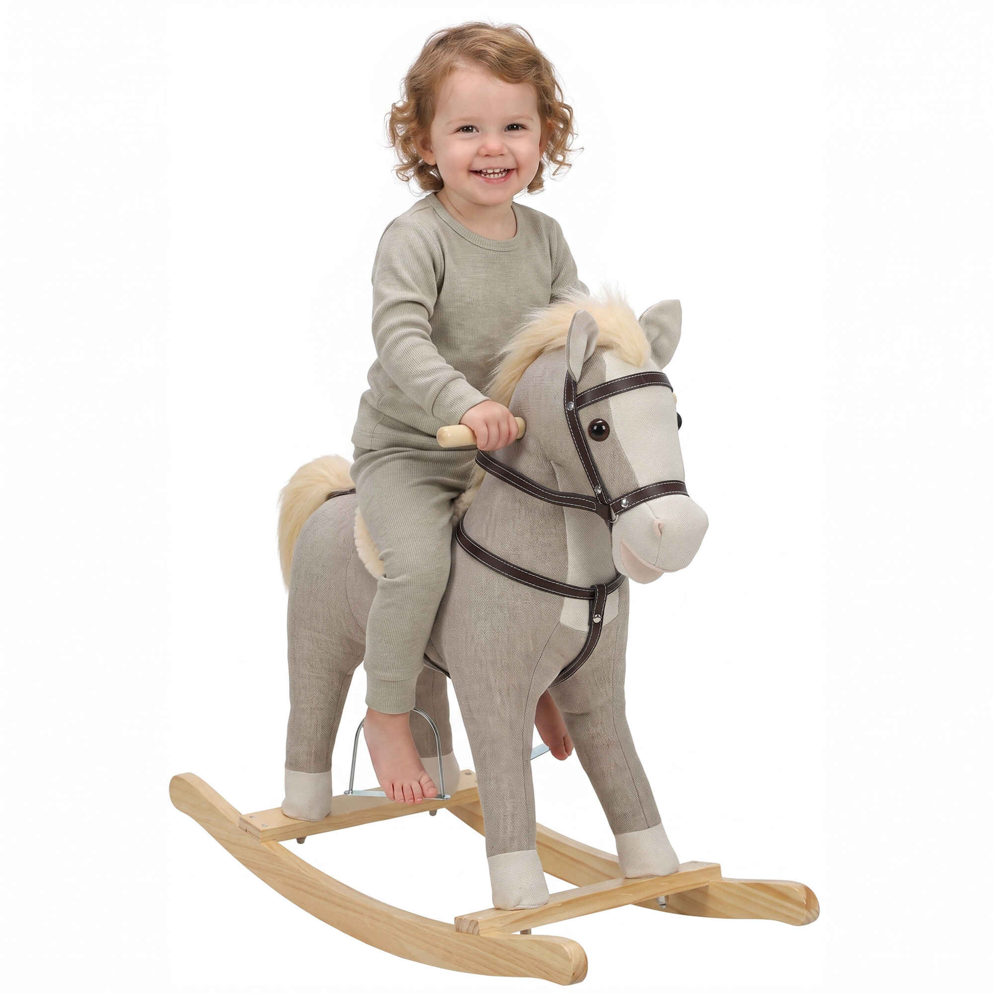 Caballito Balancín para Bebés, Caballo Balancín con Base de Madera Ancha, Sonidos y Asas de Seguridad, Regalo para Niños y Niñas de 12 a 36 Meses, Gris