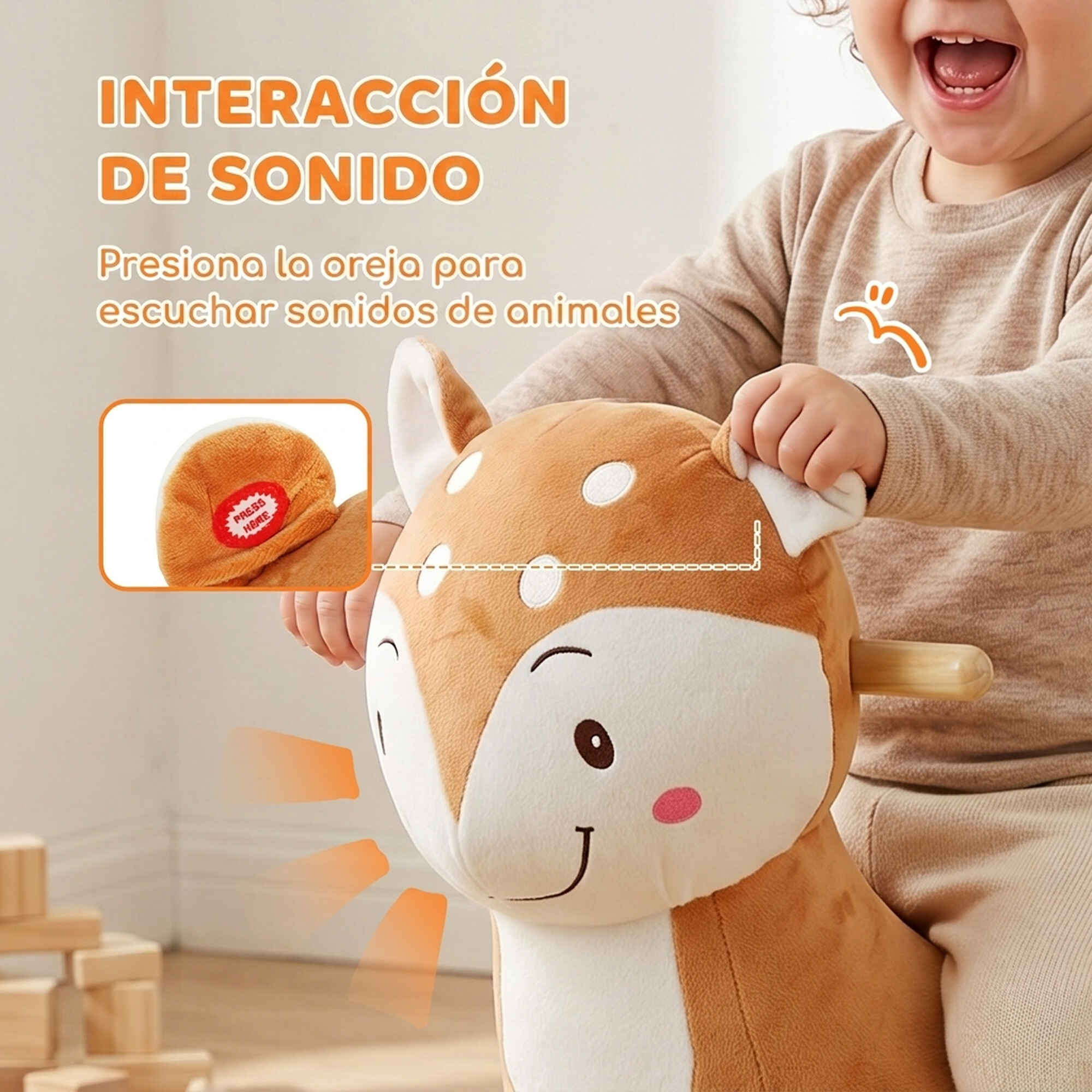 Caballito Balancín para Bebés, Caballo Balancín Diseño de Ciervo con Base Ancha, Sonidos, Cinturón de Seguridad, Topes de Balanceo, Asa, para Niños y Niñas de 12 a 36 Meses, Marrón Oscuro