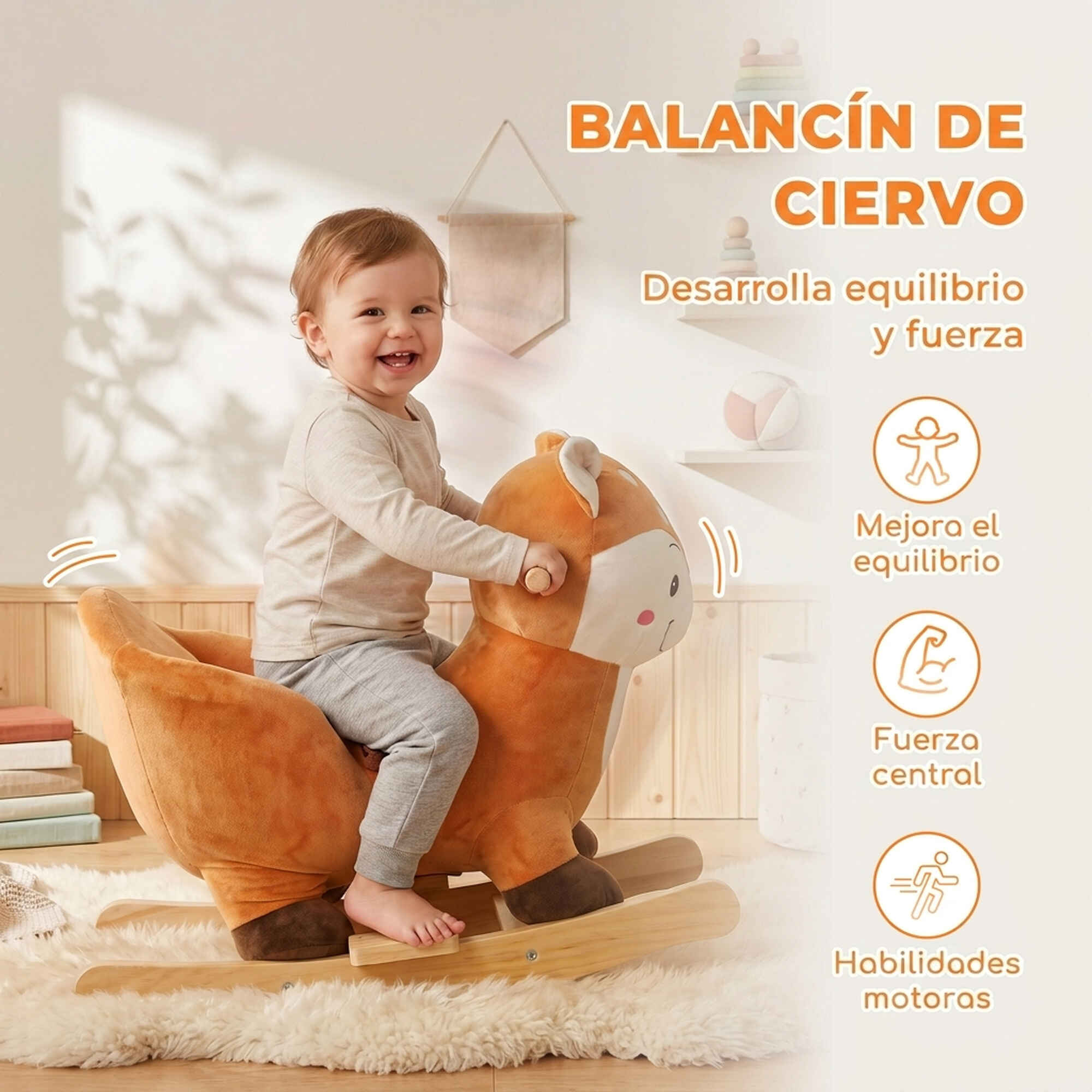 Caballito Balancín para Bebés, Caballo Balancín Diseño de Ciervo con Base Ancha, Sonidos, Cinturón de Seguridad, Topes de Balanceo, Asa, para Niños y Niñas de 12 a 36 Meses, Marrón Oscuro