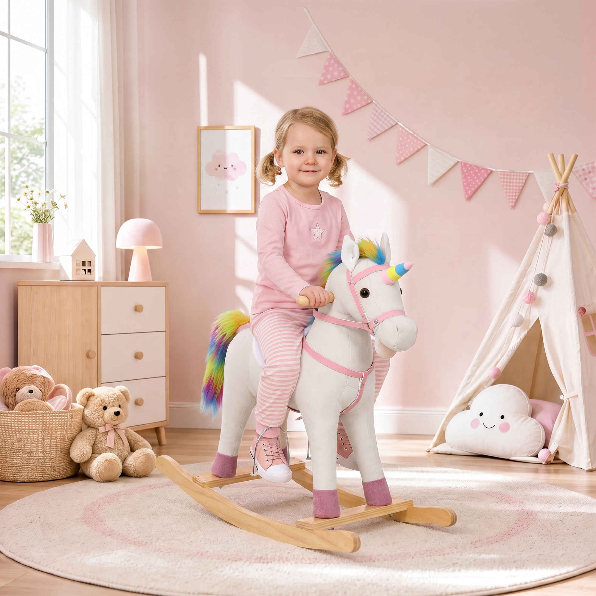 Caballito Balancín para Bebés, Diseño Unicornio, con Sonido, Caballo Balancín con Base de Madera, Regalo para Niños y Niñas de 1 a 3 Años, Crema