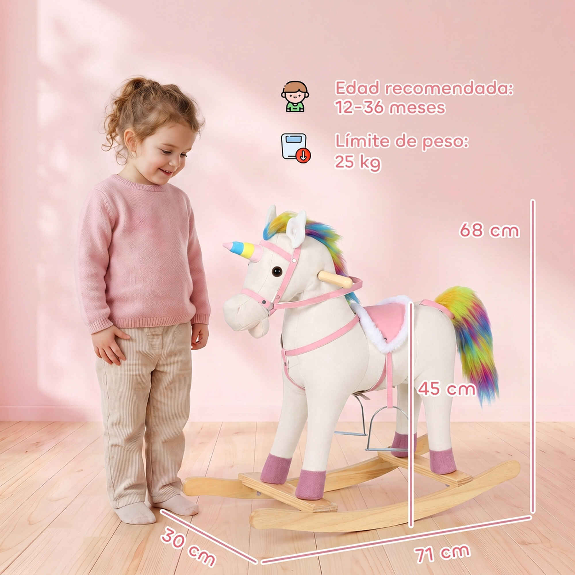 Caballito Balancín para Bebés, Diseño Unicornio, con Sonido, Caballo Balancín con Base de Madera, Regalo para Niños y Niñas de 1 a 3 Años, Crema