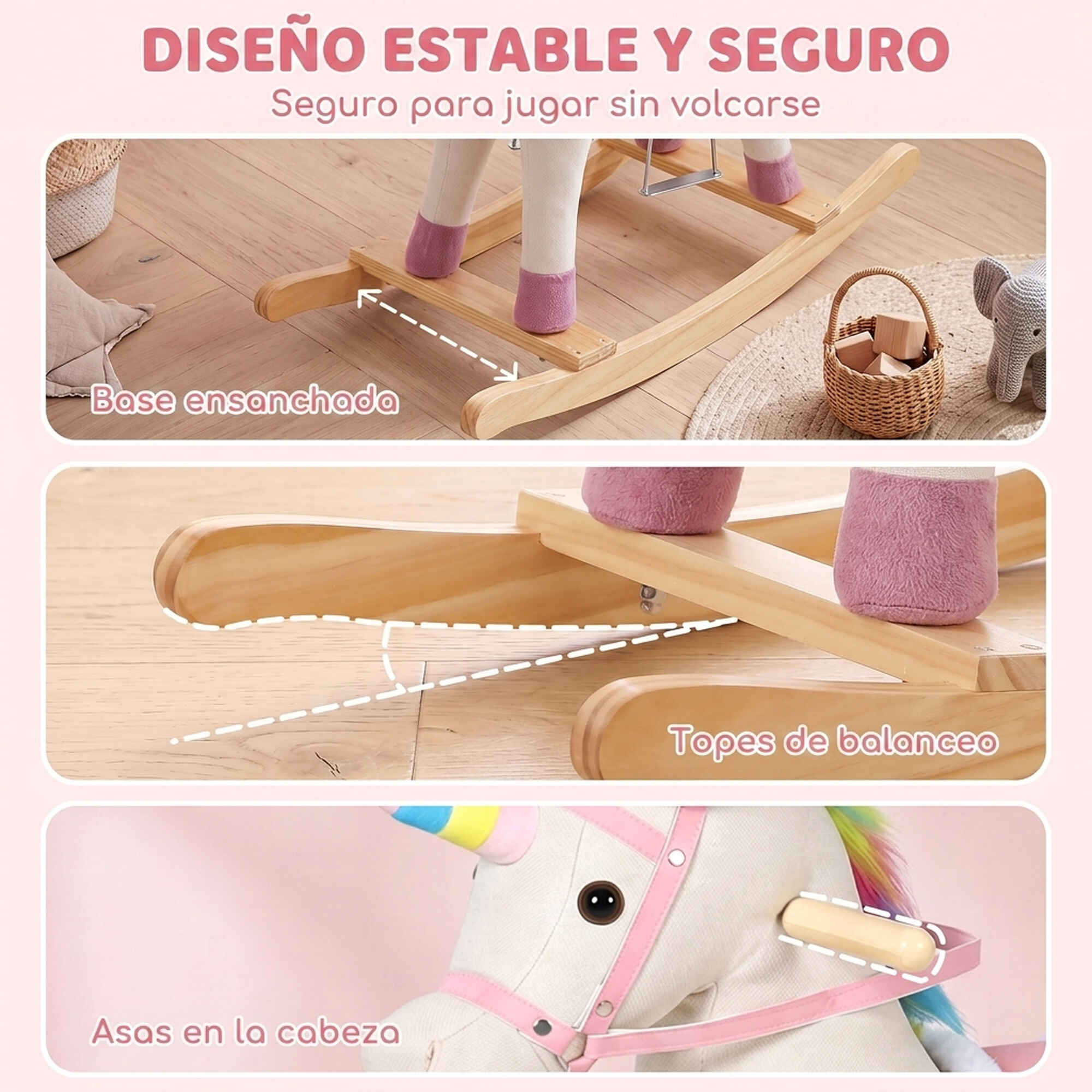 Caballito Balancín para Bebés, Diseño Unicornio, con Sonido, Caballo Balancín con Base de Madera, Regalo para Niños y Niñas de 1 a 3 Años, Crema