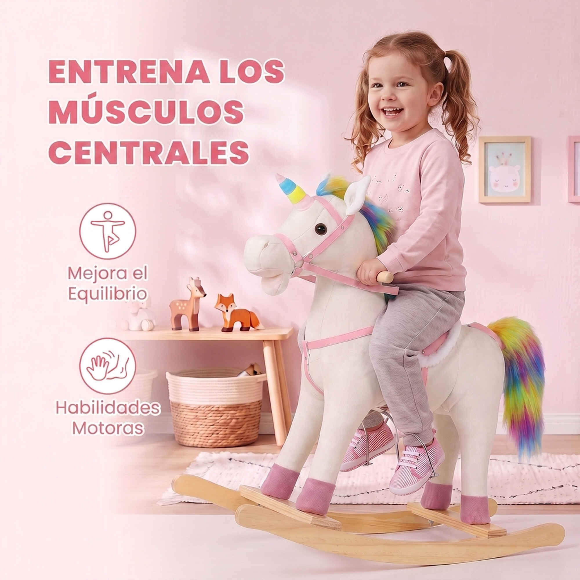Caballito Balancín para Bebés, Diseño Unicornio, con Sonido, Caballo Balancín con Base de Madera, Regalo para Niños y Niñas de 1 a 3 Años, Crema