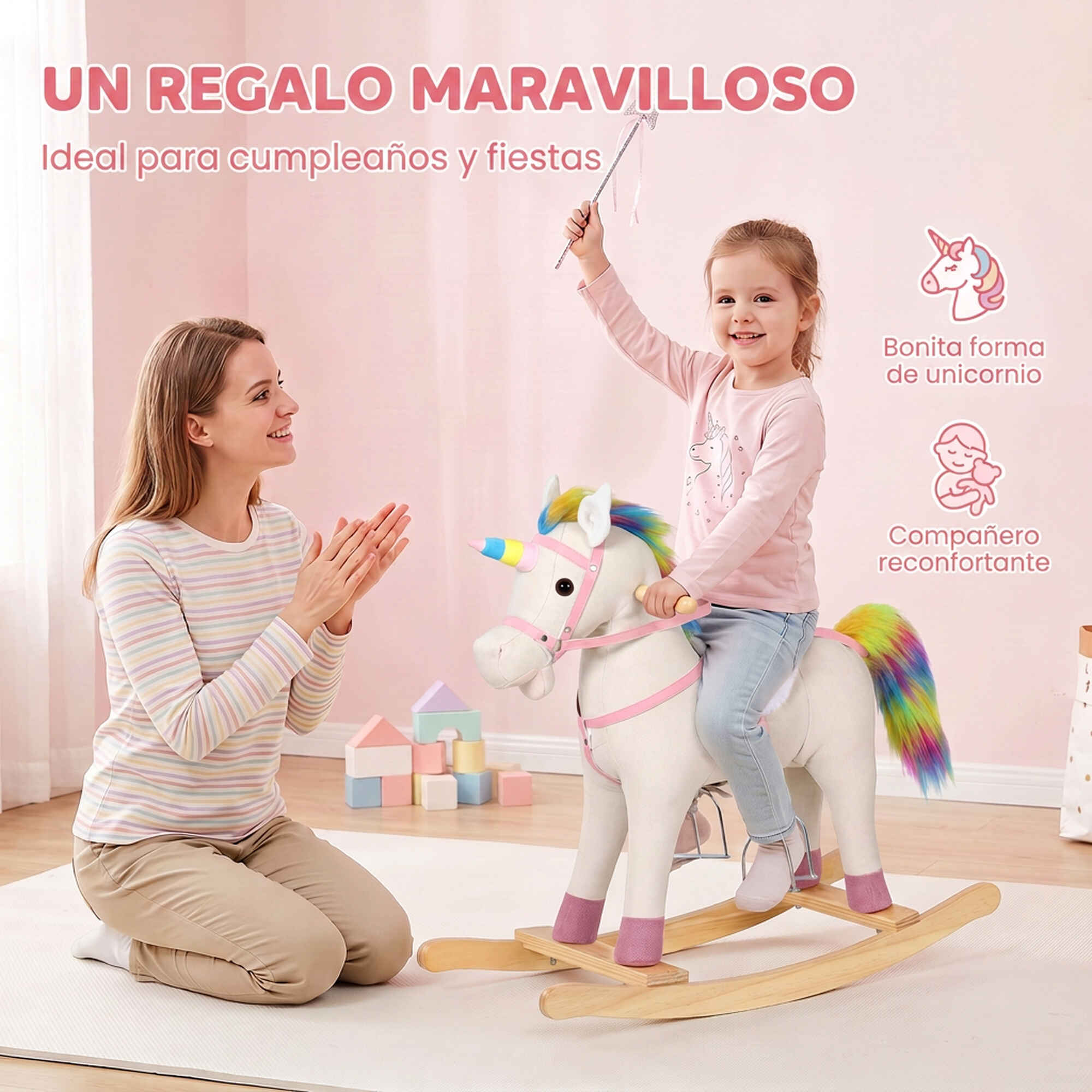 Caballito Balancín para Bebés, Diseño Unicornio, con Sonido, Caballo Balancín con Base de Madera, Regalo para Niños y Niñas de 1 a 3 Años, Crema