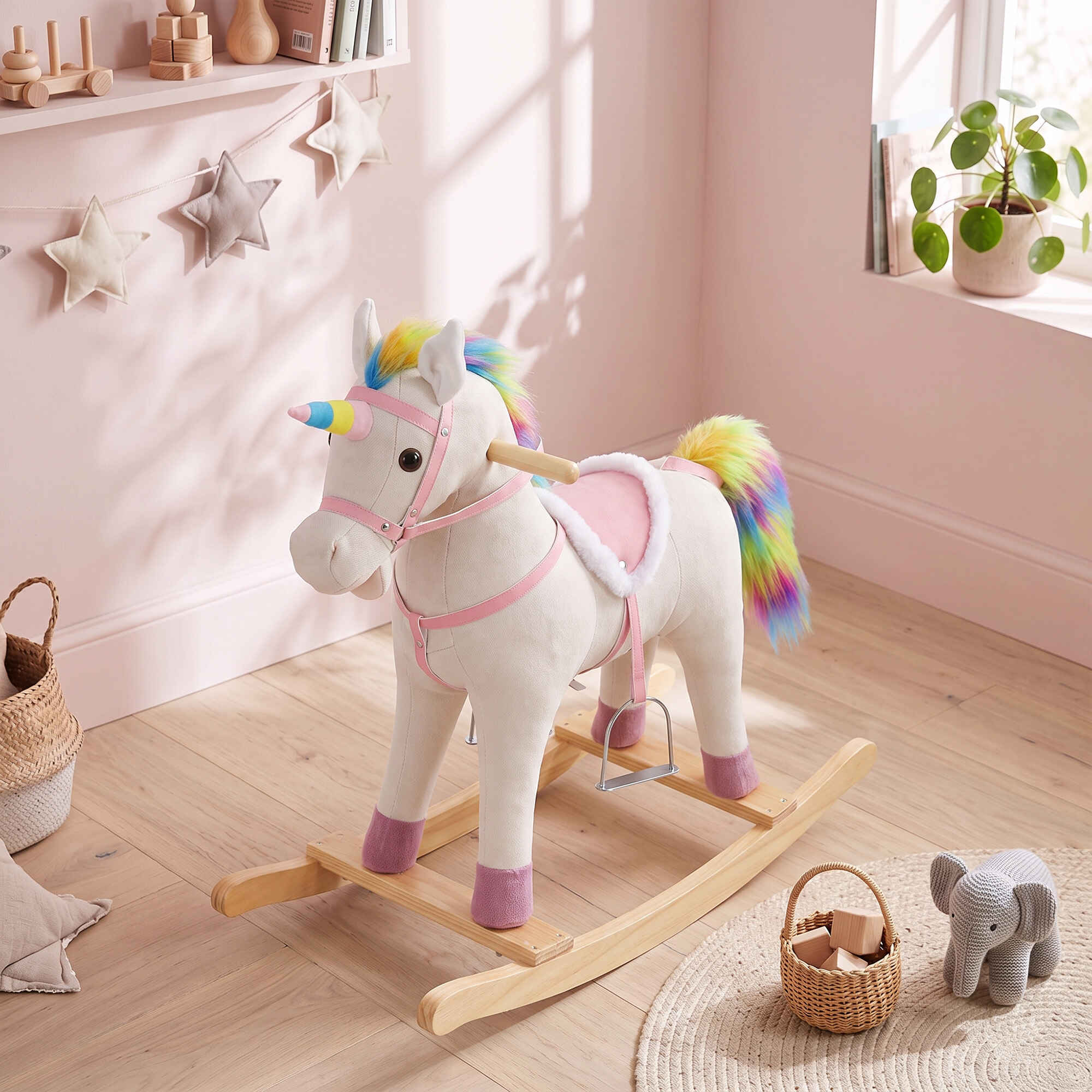 Caballito Balancín para Bebés, Diseño Unicornio, con Sonido, Caballo Balancín con Base de Madera, Regalo para Niños y Niñas de 1 a 3 Años, Crema