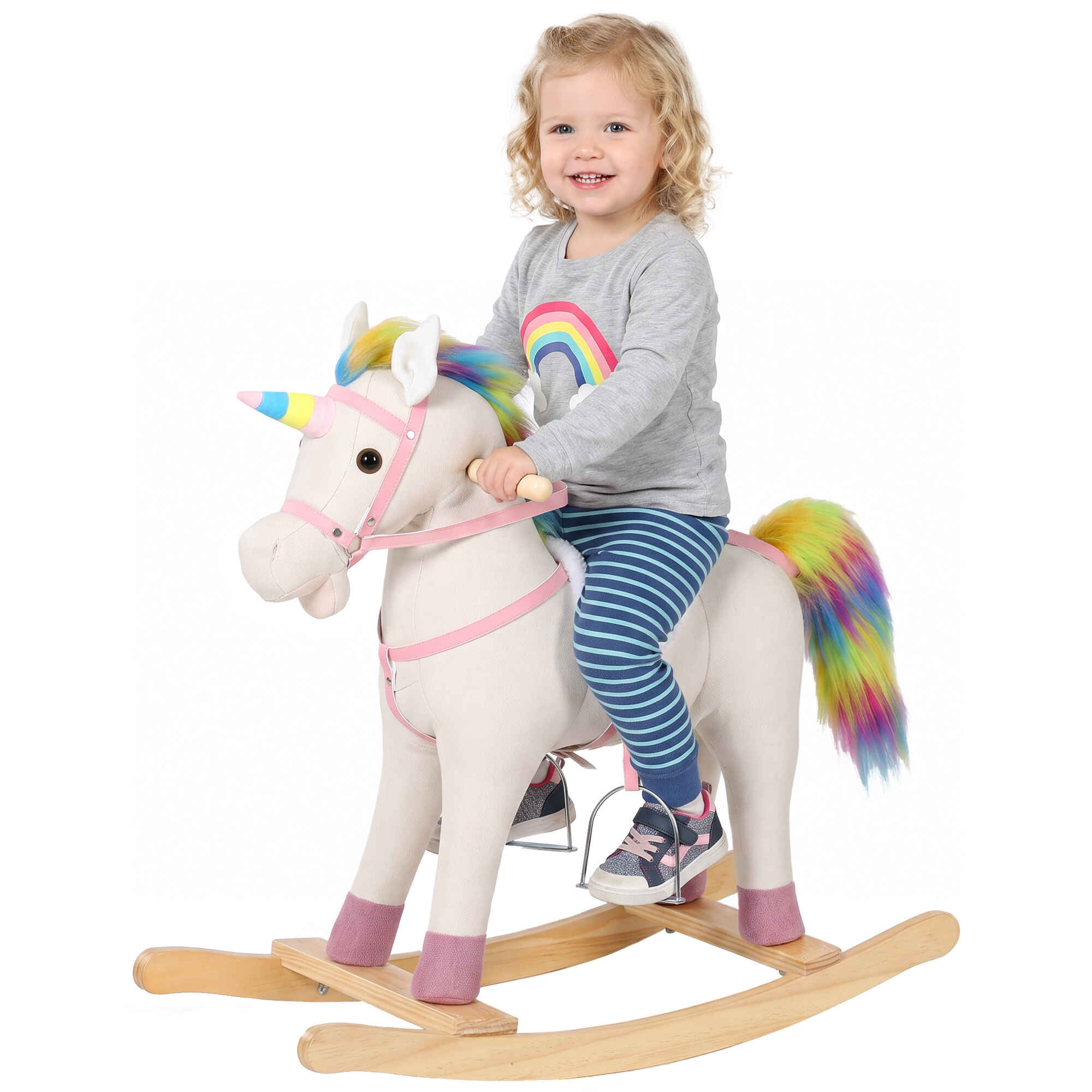 Caballito Balancín para Bebés, Diseño Unicornio, con Sonido, Caballo Balancín con Base de Madera, Regalo para Niños y Niñas de 1 a 3 Años, Crema