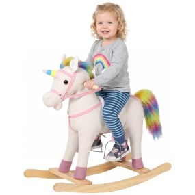Caballito Balancín para Bebés, Diseño Unicornio, con Sonido, Caballo Balancín con Base de Madera, Regalo para Niños y Niñas de 1 a 3 Años, Crema