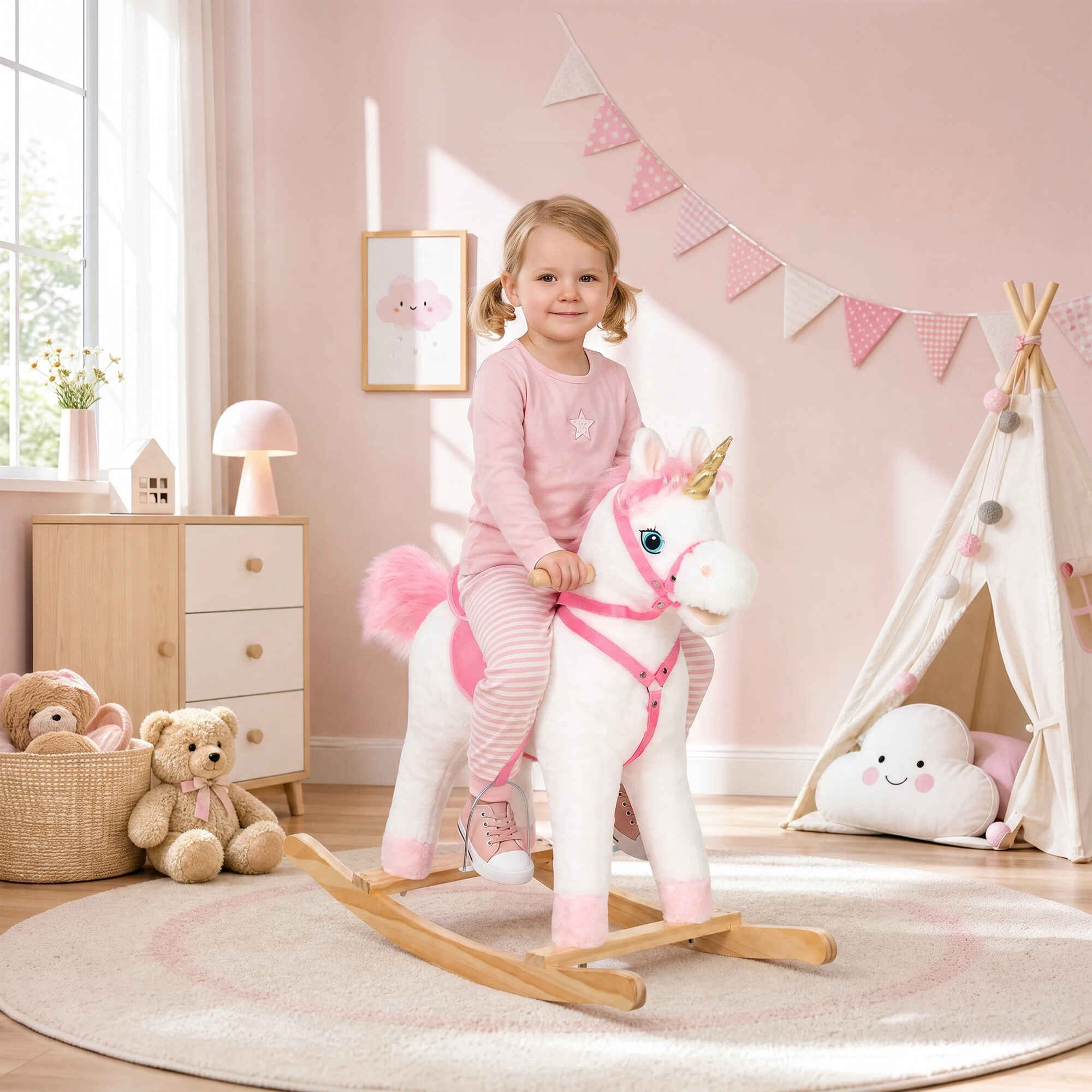 Caballito Balancín para Bebés Unicornio, Caballo Balancín con Sonidos de Cascos y Relinchos, Boca y Cola Móviles, Regalo para Niños y Niñas de 1 a 3 Años, Blanco