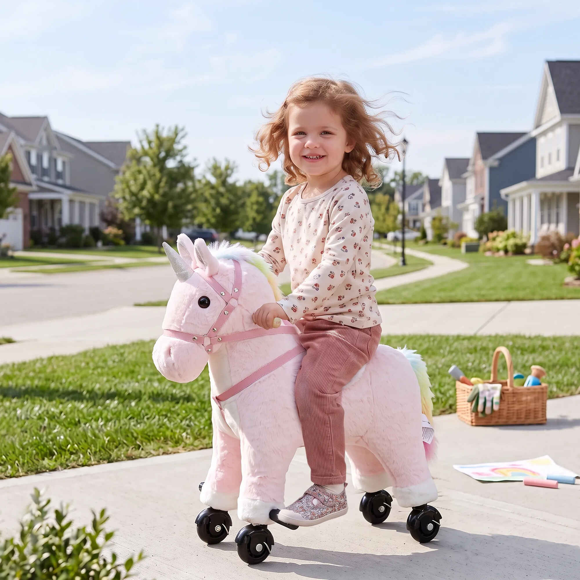 Caballo de Juguete Montar con Ruedas de Unicornio, Caballito Infantil de Peluche con Sonidos, Asas, Reposapiés, Marco de Acero, Regalo para Niños y Niñas 1-3 Años, Carga 40 kg, Rosa