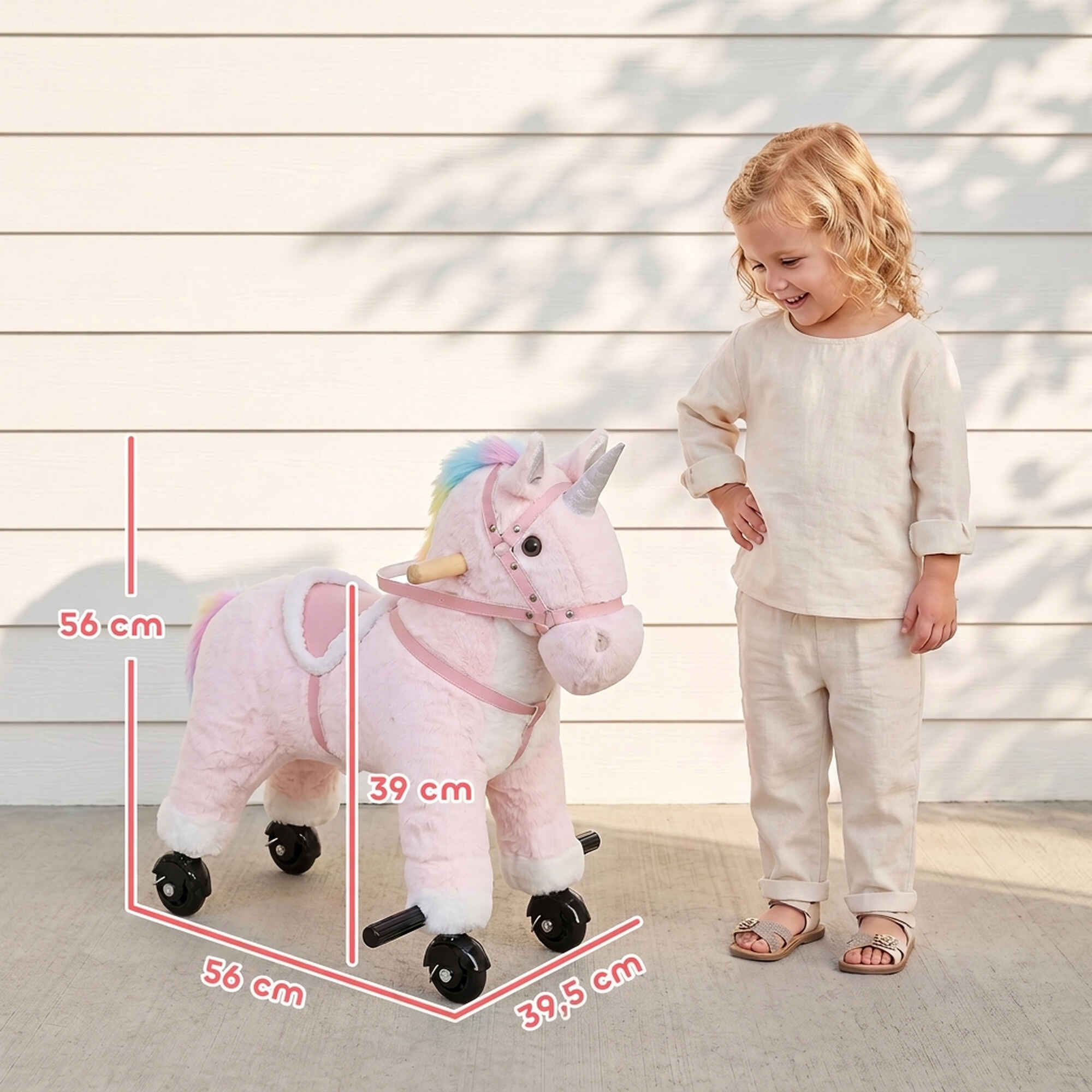Caballo de Juguete Montar con Ruedas de Unicornio, Caballito Infantil de Peluche con Sonidos, Asas, Reposapiés, Marco de Acero, Regalo para Niños y Niñas 1-3 Años, Carga 40 kg, Rosa