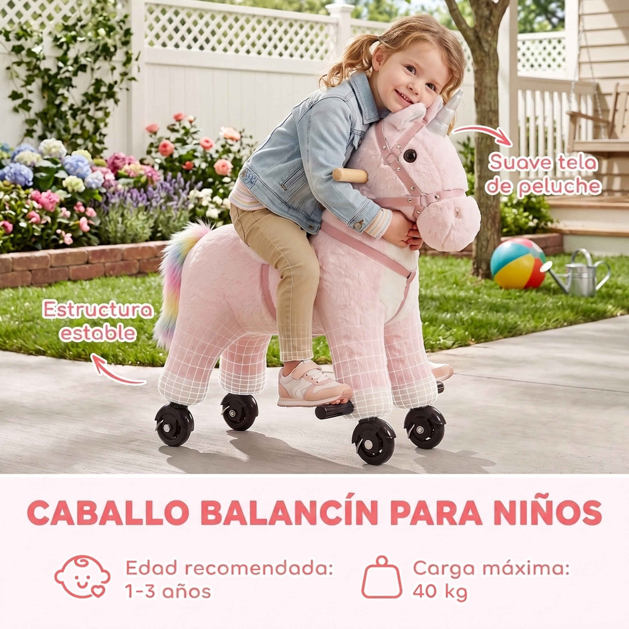 Caballo de Juguete Montar con Ruedas de Unicornio, Caballito Infantil de Peluche con Sonidos, Asas, Reposapiés, Marco de Acero, Regalo para Niños y Niñas 1-3 Años, Carga 40 kg, Rosa