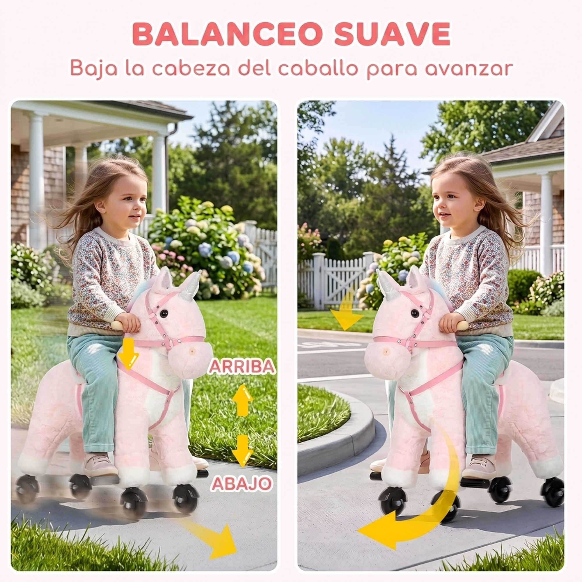 Caballo de Juguete Montar con Ruedas de Unicornio, Caballito Infantil de Peluche con Sonidos, Asas, Reposapiés, Marco de Acero, Regalo para Niños y Niñas 1-3 Años, Carga 40 kg, Rosa