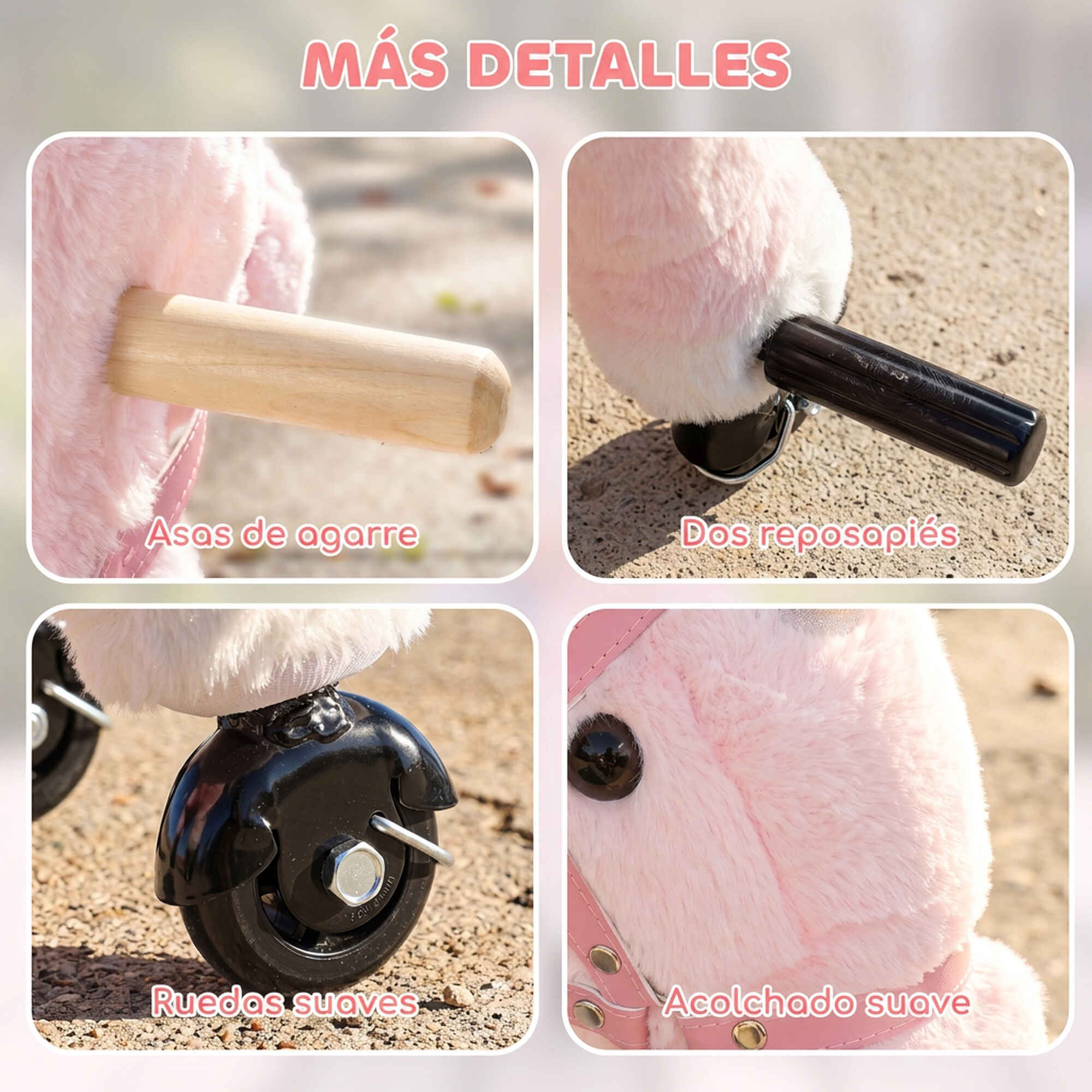 Caballo de Juguete Montar con Ruedas de Unicornio, Caballito Infantil de Peluche con Sonidos, Asas, Reposapiés, Marco de Acero, Regalo para Niños y Niñas 1-3 Años, Carga 40 kg, Rosa