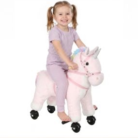 Caballo de Juguete Montar con Ruedas de Unicornio, Caballito Infantil de Peluche con Sonidos, Asas, Reposapiés, Marco de Acero, Regalo para Niños y Niñas 1-3 Años, Carga 40 kg, Rosa