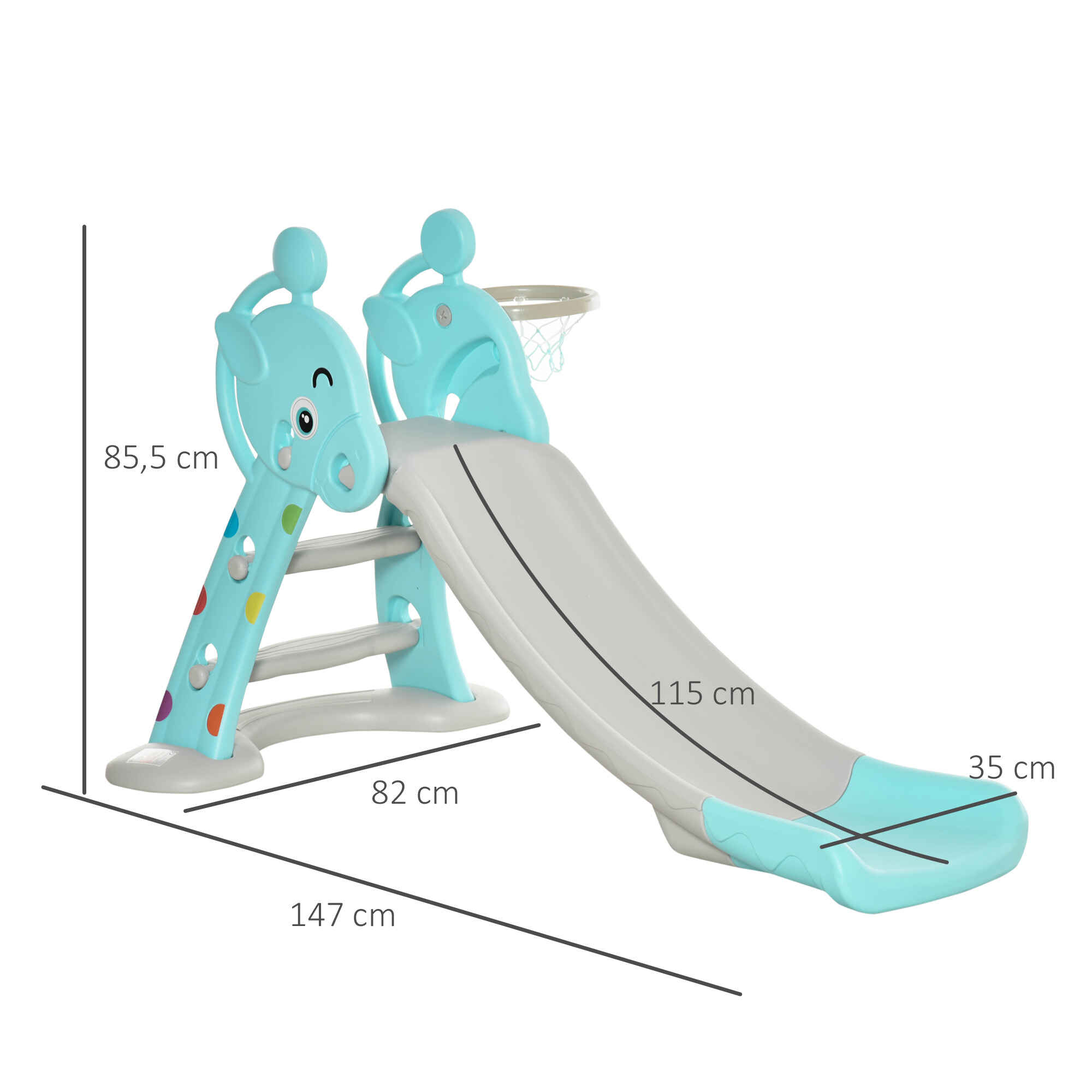 Tobogán para Niños +18 Meses Plegable 2 en 1 con Canasta de Baloncesto Modelo Jirafa Juguete Infantil para Interiores y Exteriores 140x87x85,5 cm Azul y Gris