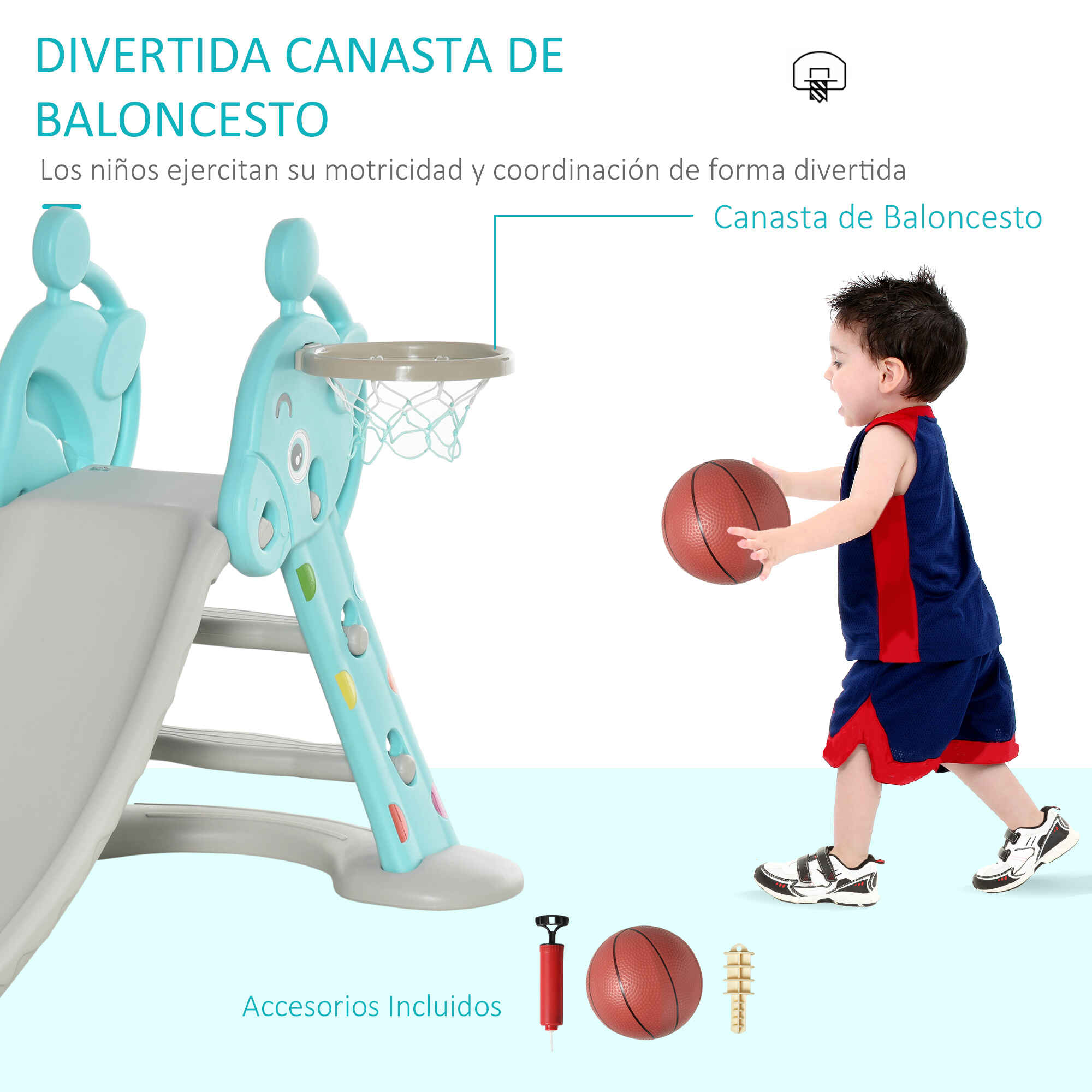 Tobogán para Niños +18 Meses Plegable 2 en 1 con Canasta de Baloncesto Modelo Jirafa Juguete Infantil para Interiores y Exteriores 140x87x85,5 cm Azul y Gris